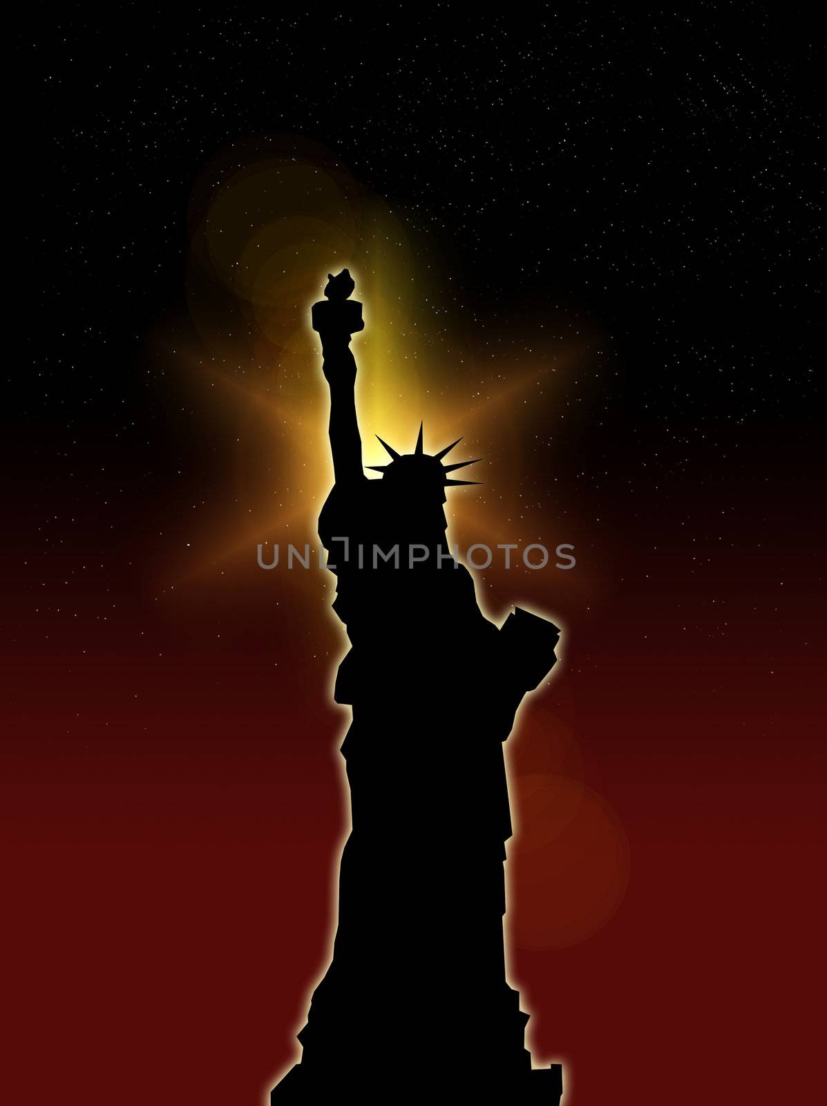 An illustration of the Statue of Liberty with a night background.
