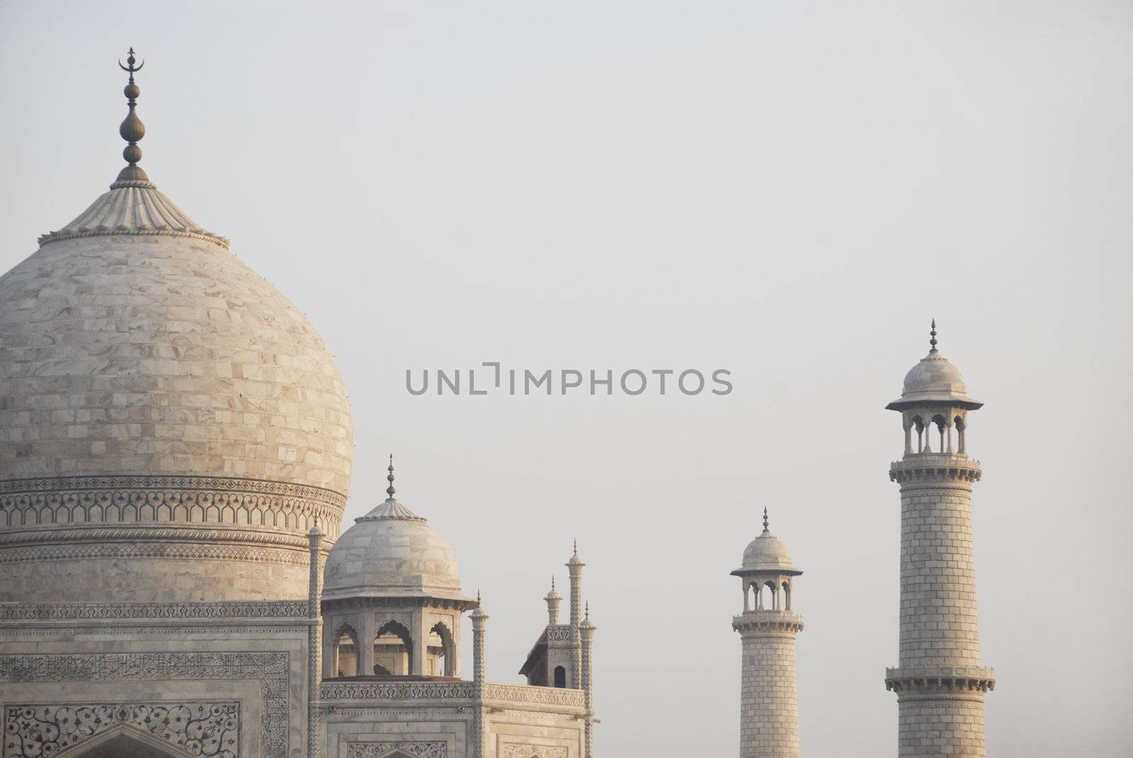 A view of the domes and minarets of the Taj Mahal mausoleum in Agra, India