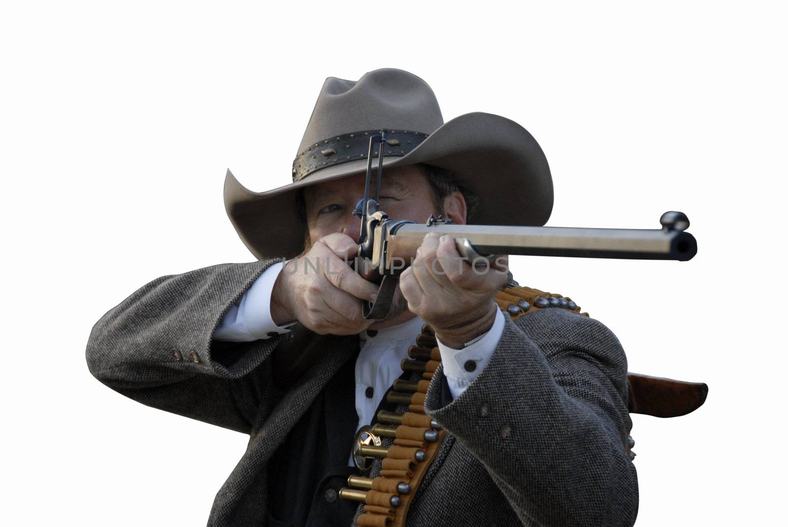 Western style deputy sheriff takes aim with rifle.  Isolated with clipping path.
