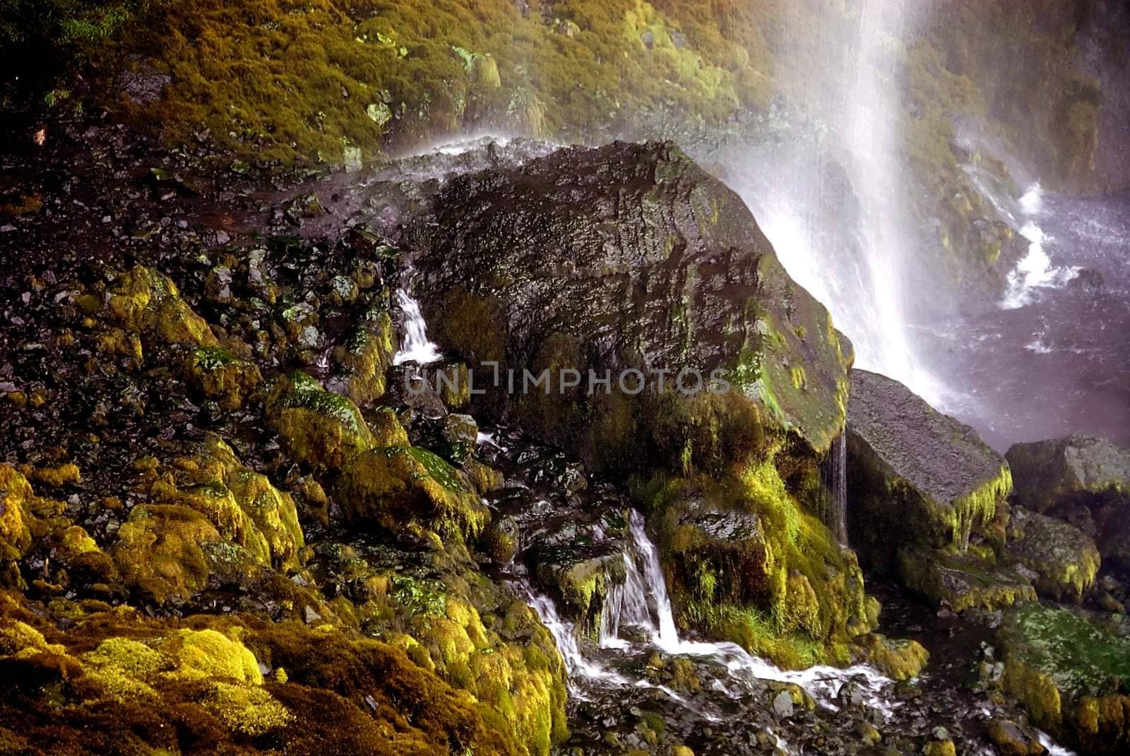 Green inside of Selfoss waterfall in Iceland