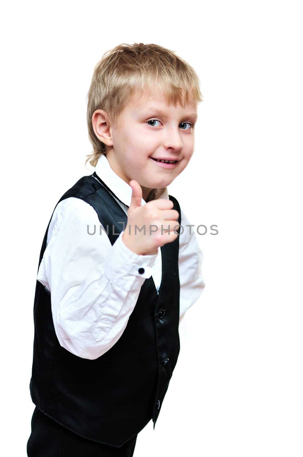 elegant little boy showind thumb up over the white