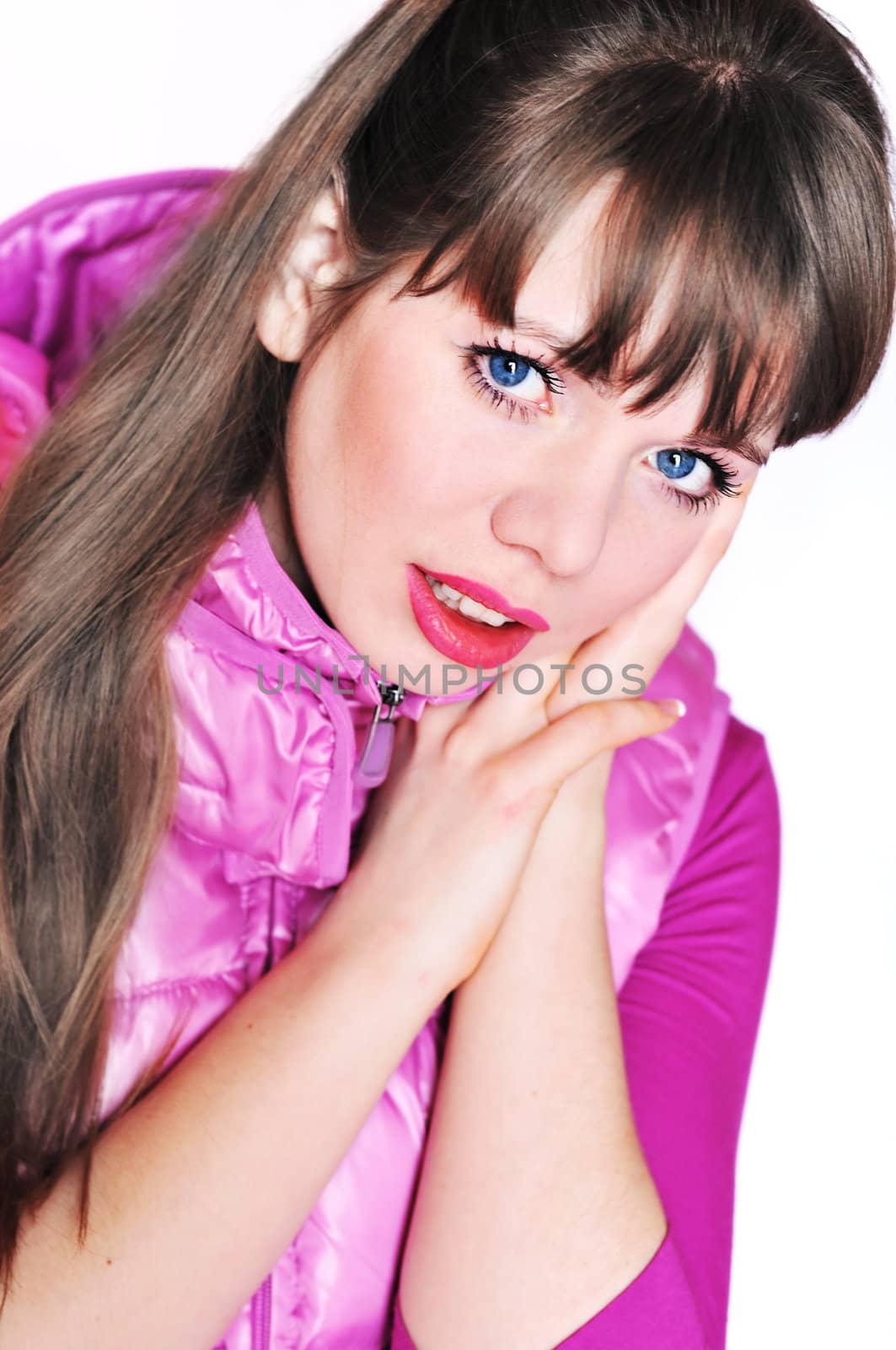 sport girl wearing lilac jacket over the white