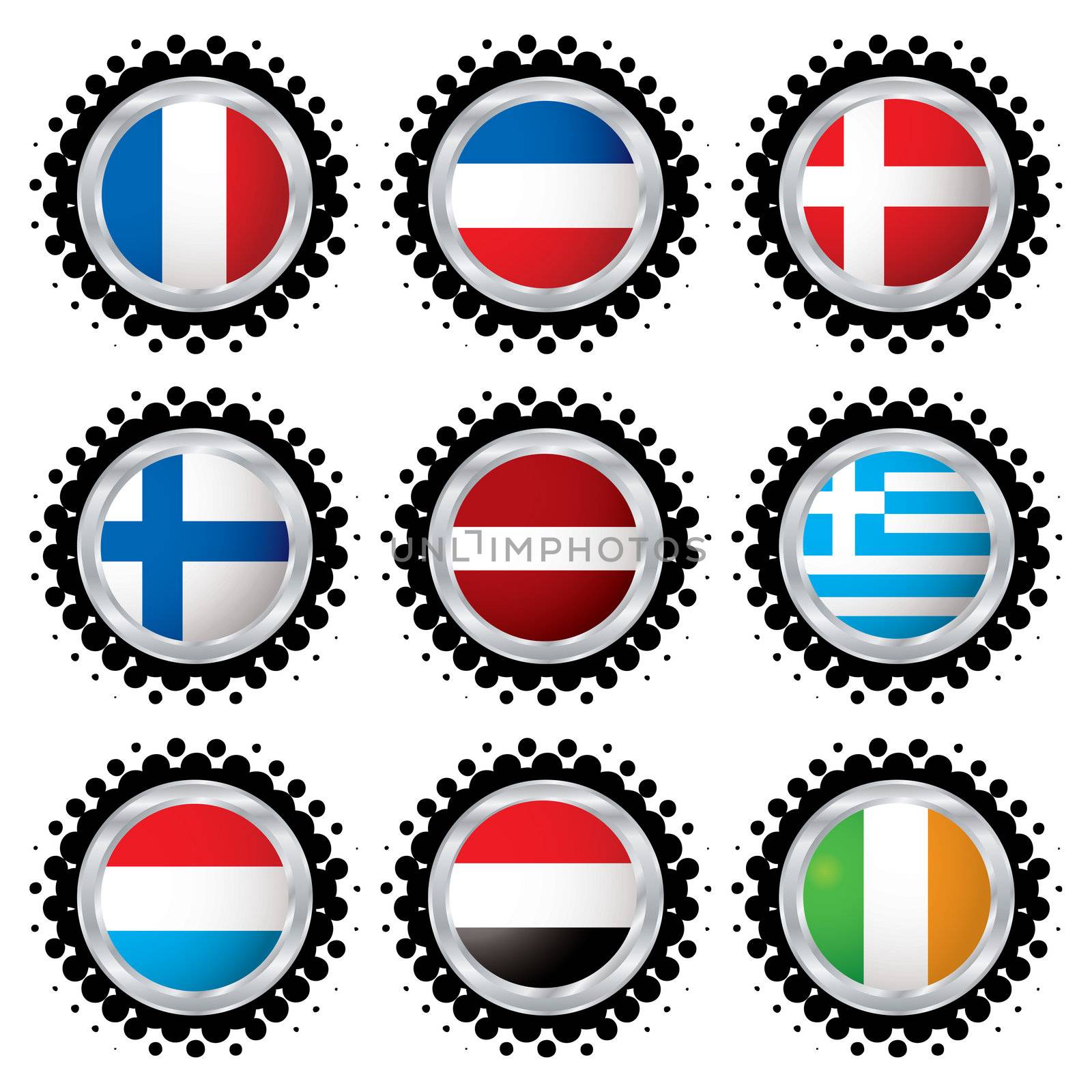 Halftone flag buttons with flags from around the world