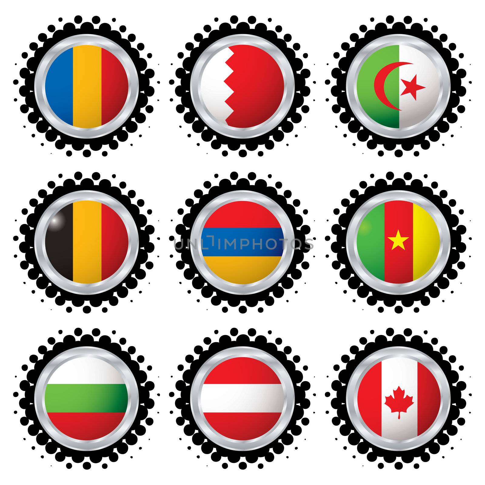 collection of nine flags from around the world with halftone dot