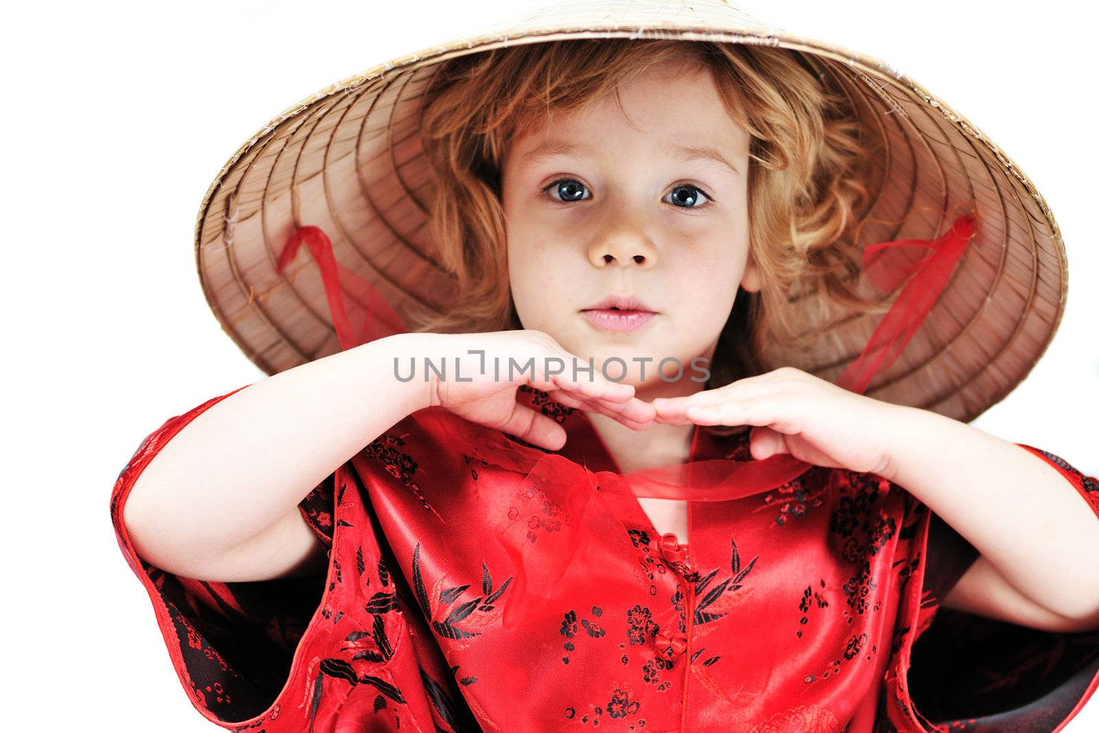   funny little girl wearing like oriental one
