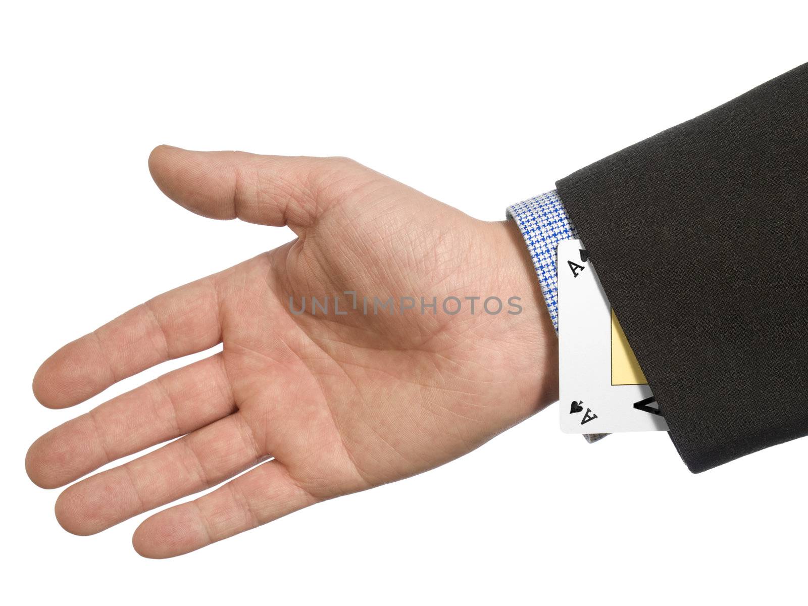 A man's hand hiding an ace up his sleeve.