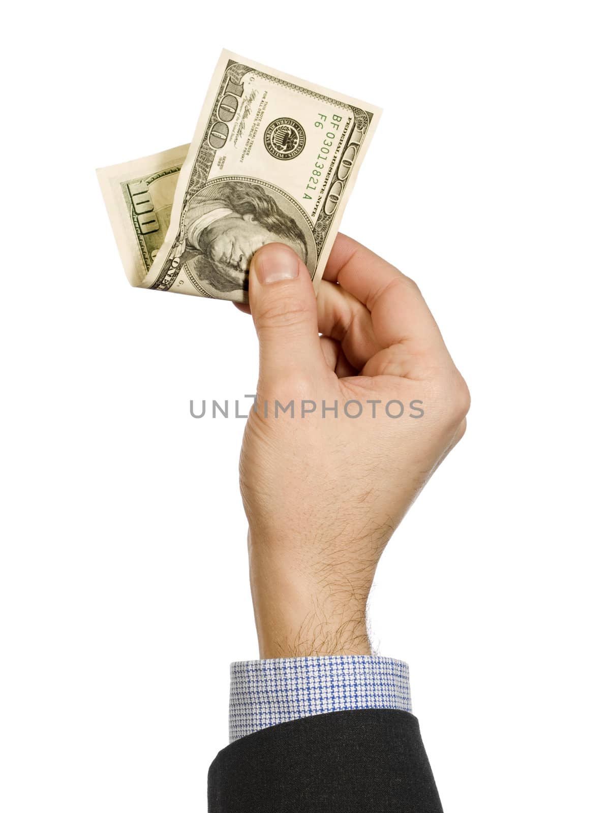 A man's hand holding a one hundred dollar bill.