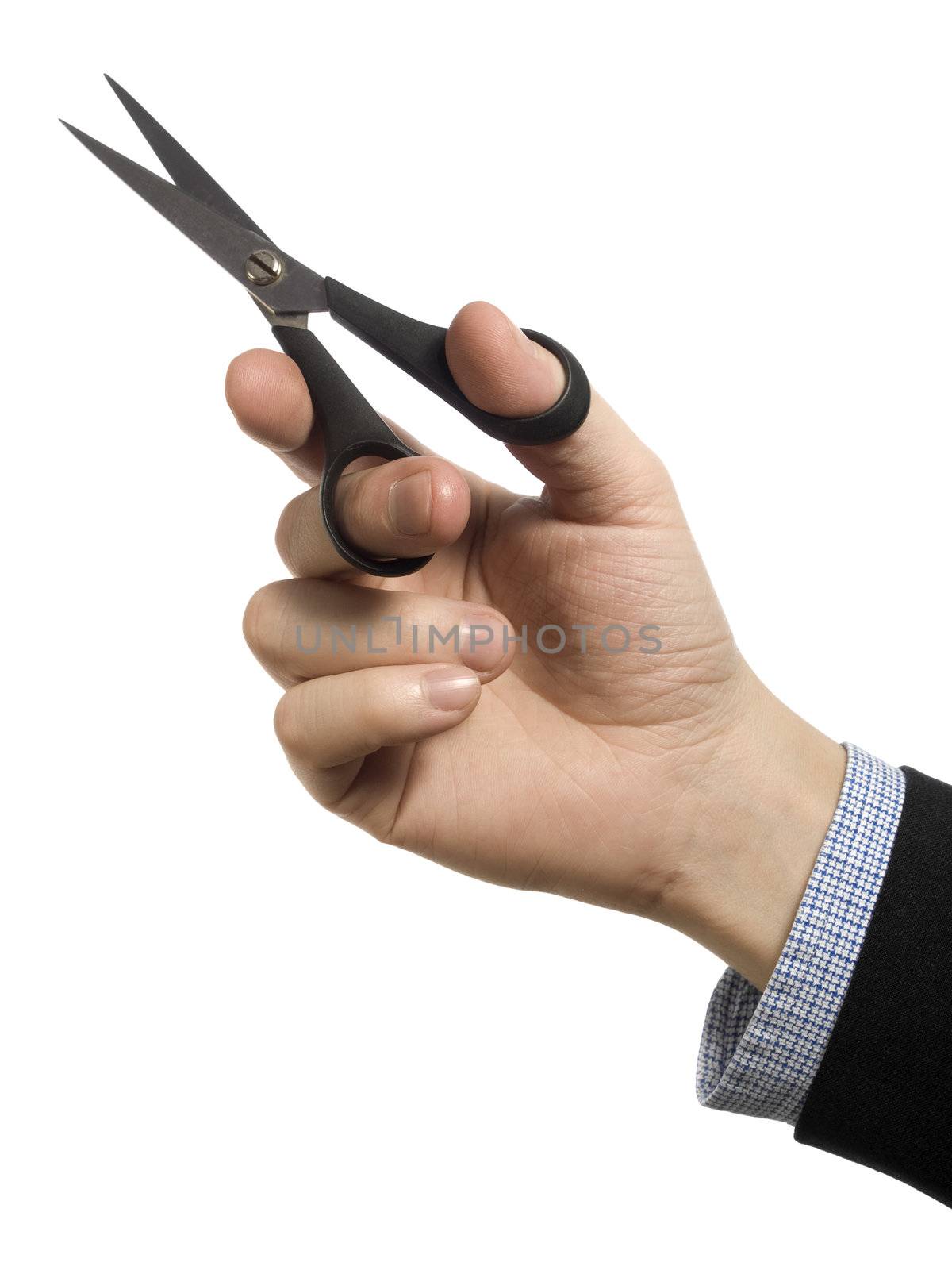 A man's hand holding a pair of scissors over a white background.