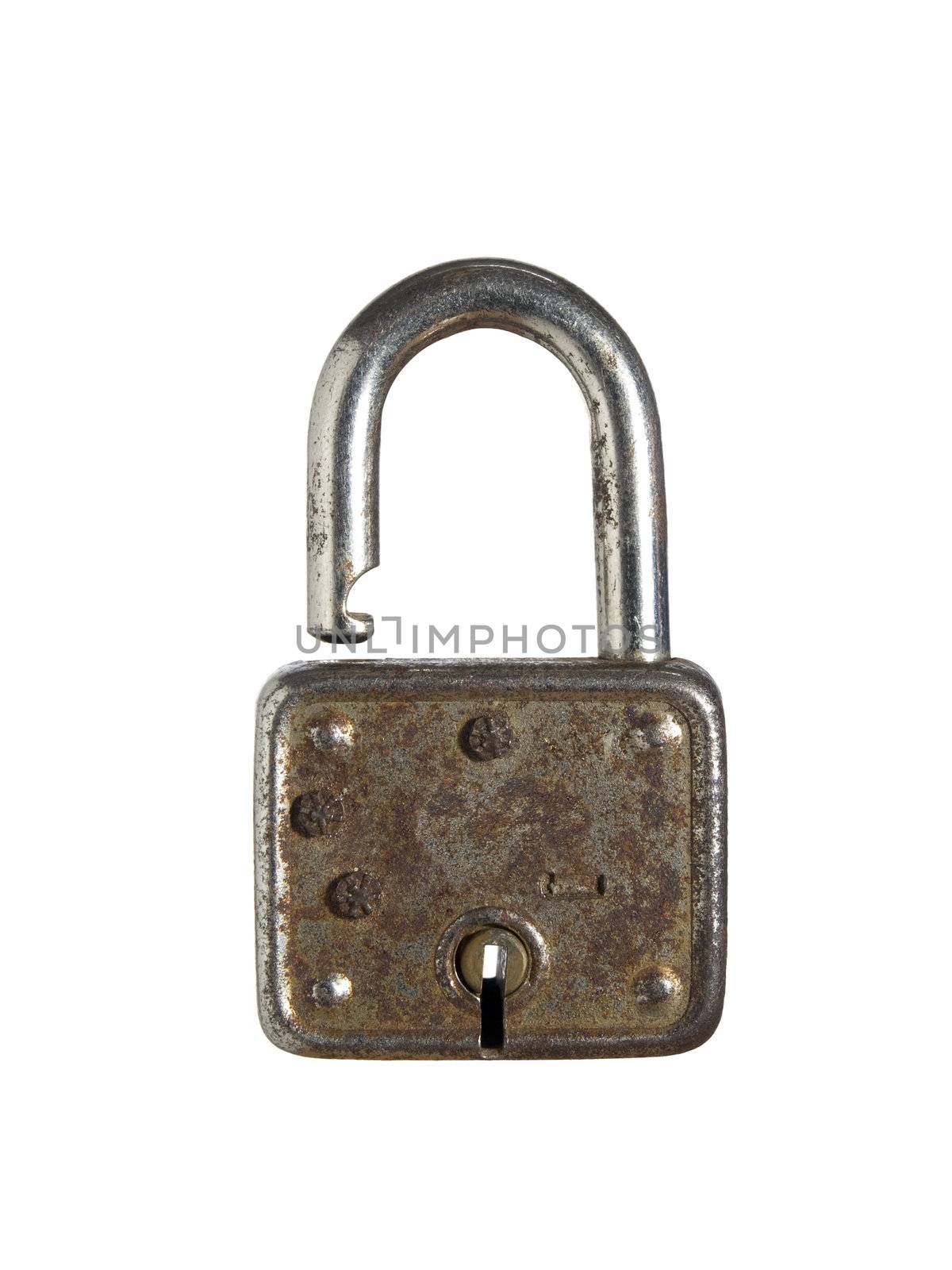 An old and rusty lock opened against a white background.