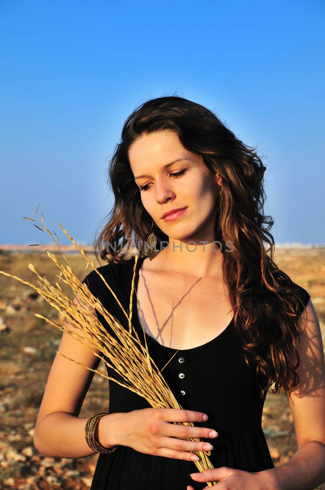 brunette girl over blue sky holding dry spikelets