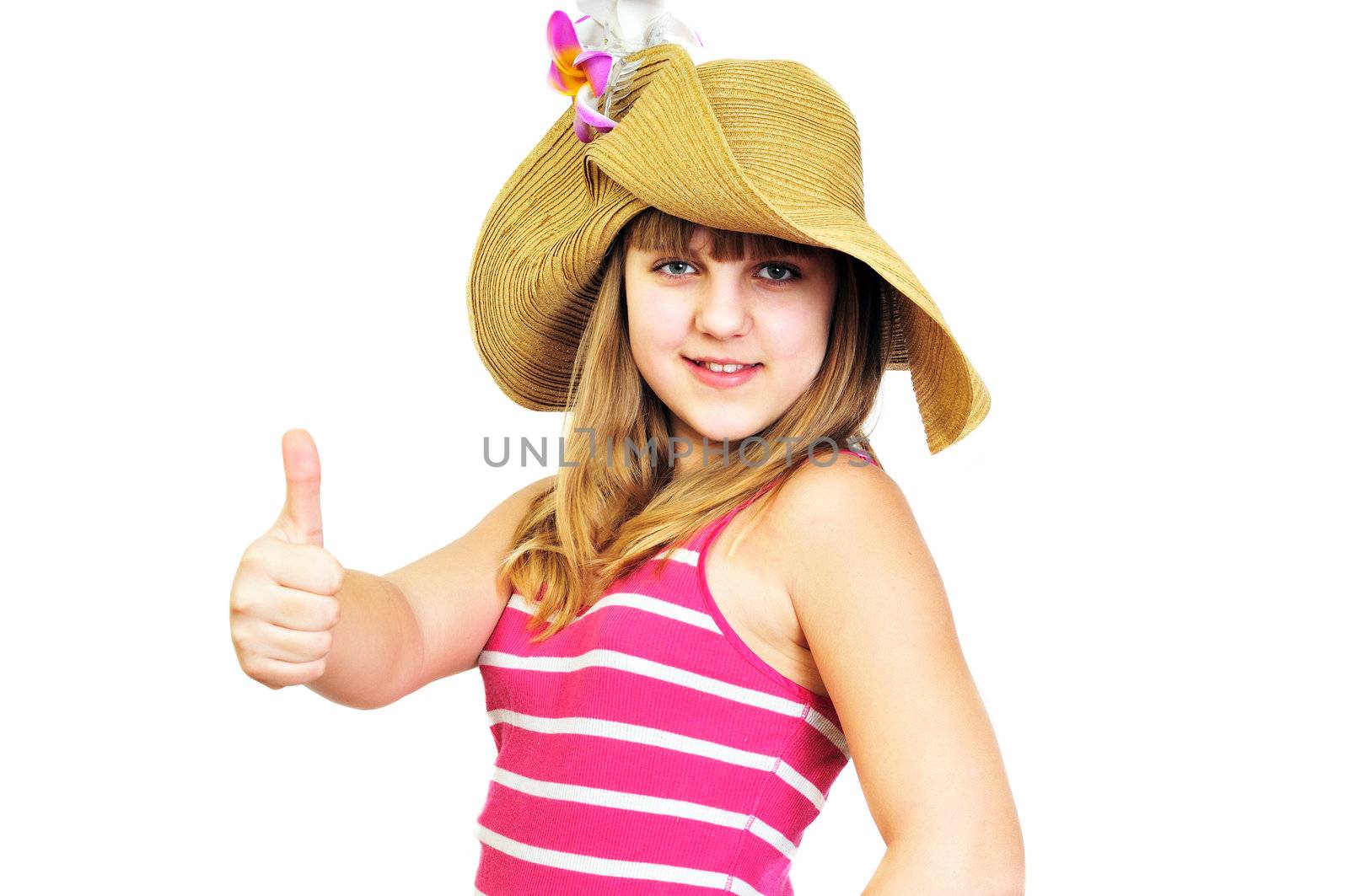 funny pretty summer teen girl showing thumbs up