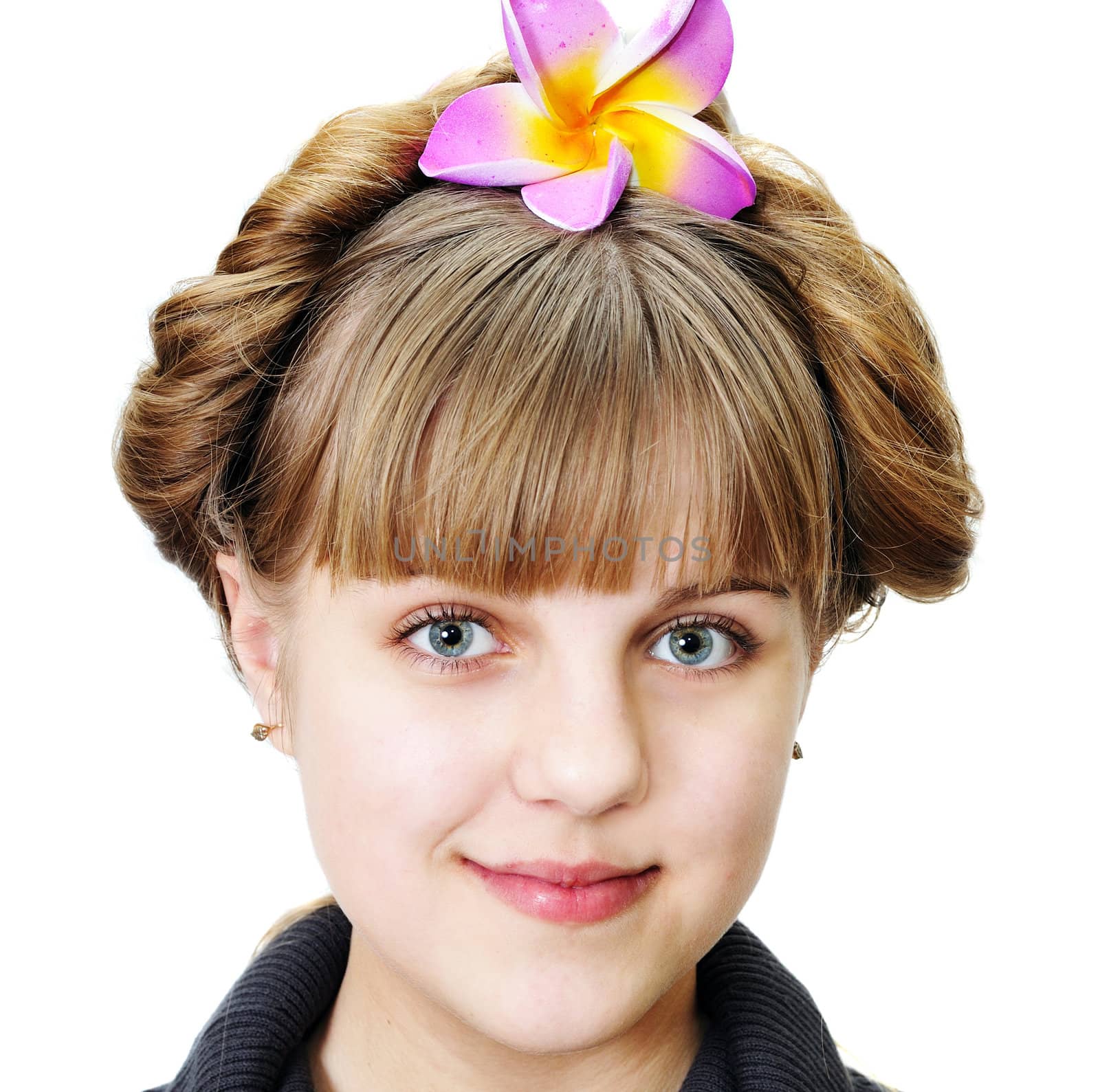 teen sweet girl with funny hairstyle over the white
