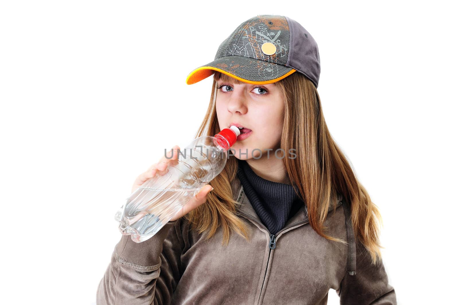sporty pretty drinking teen  girl wearing cap 