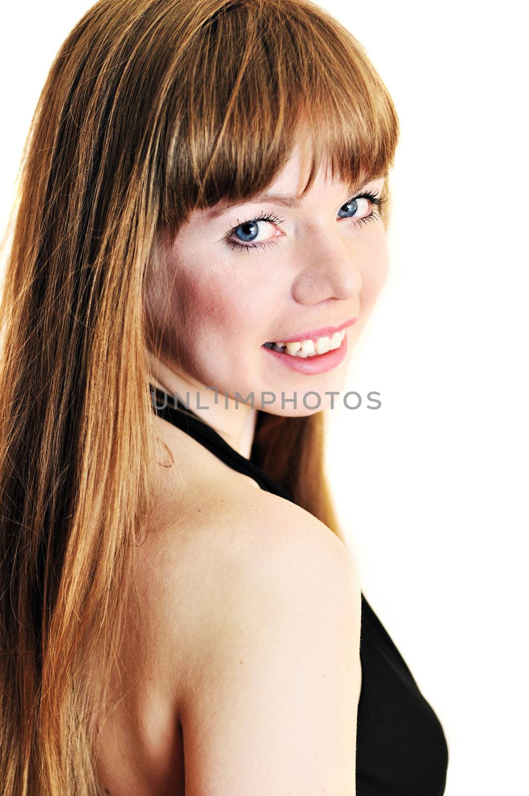 longhaired beautiful girl with blue eyes in soft selective focus over the white
