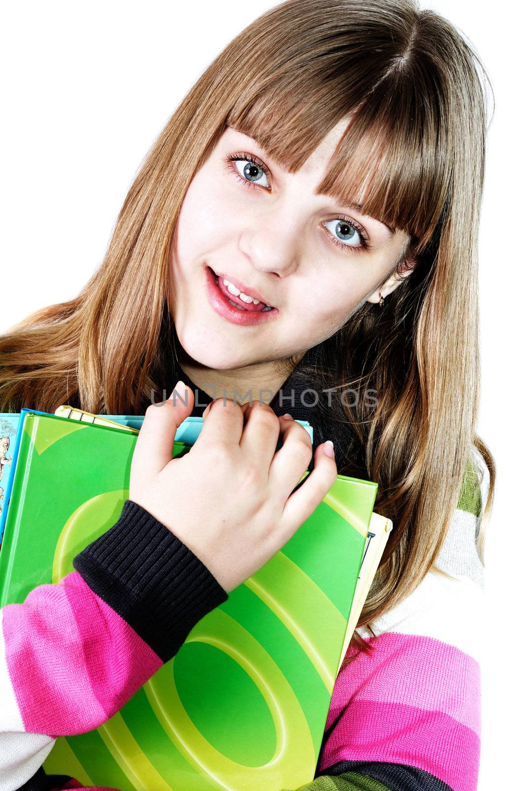 teen funny smiling girl with books over the white