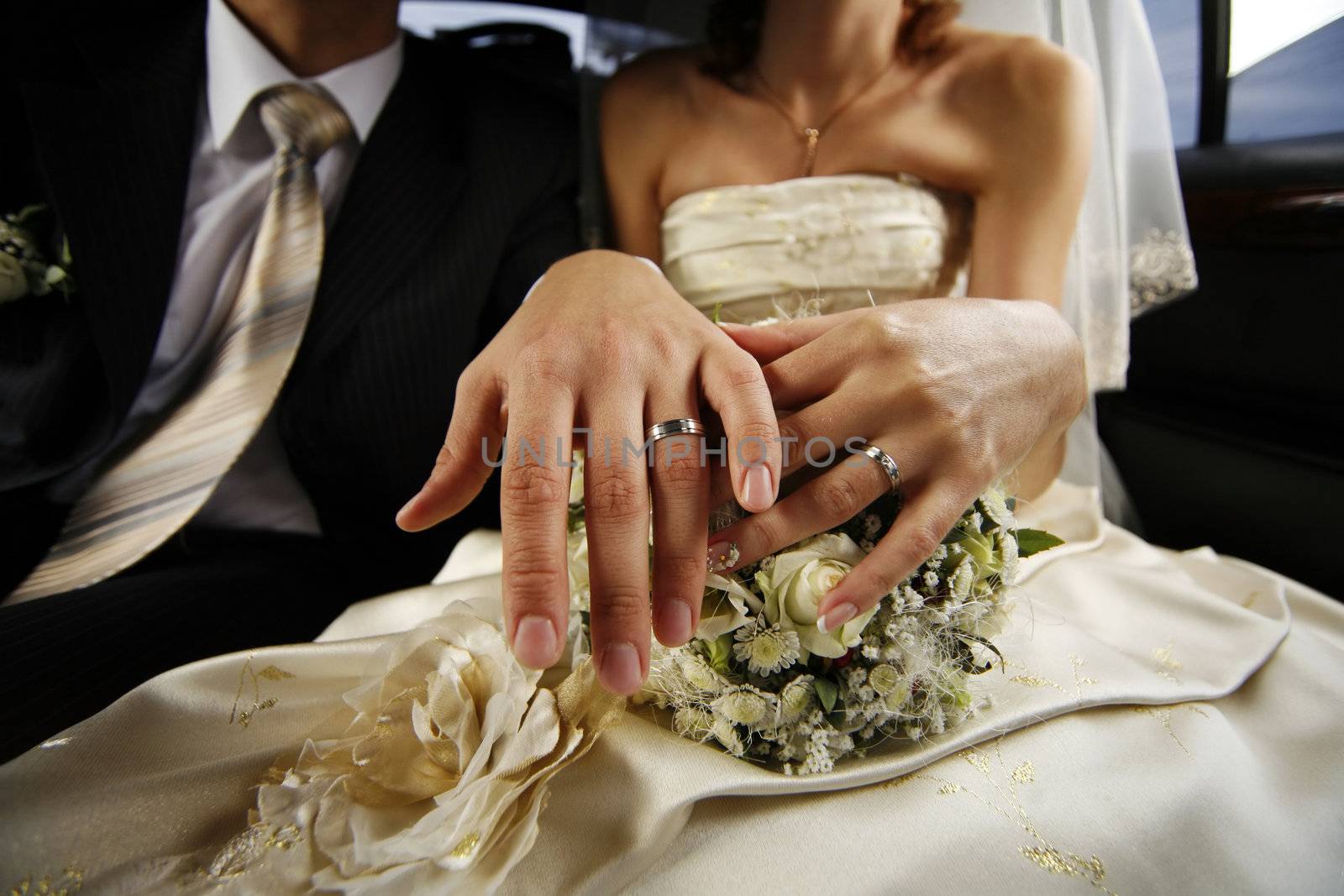 Hand of the groom and the bride with wedding rings