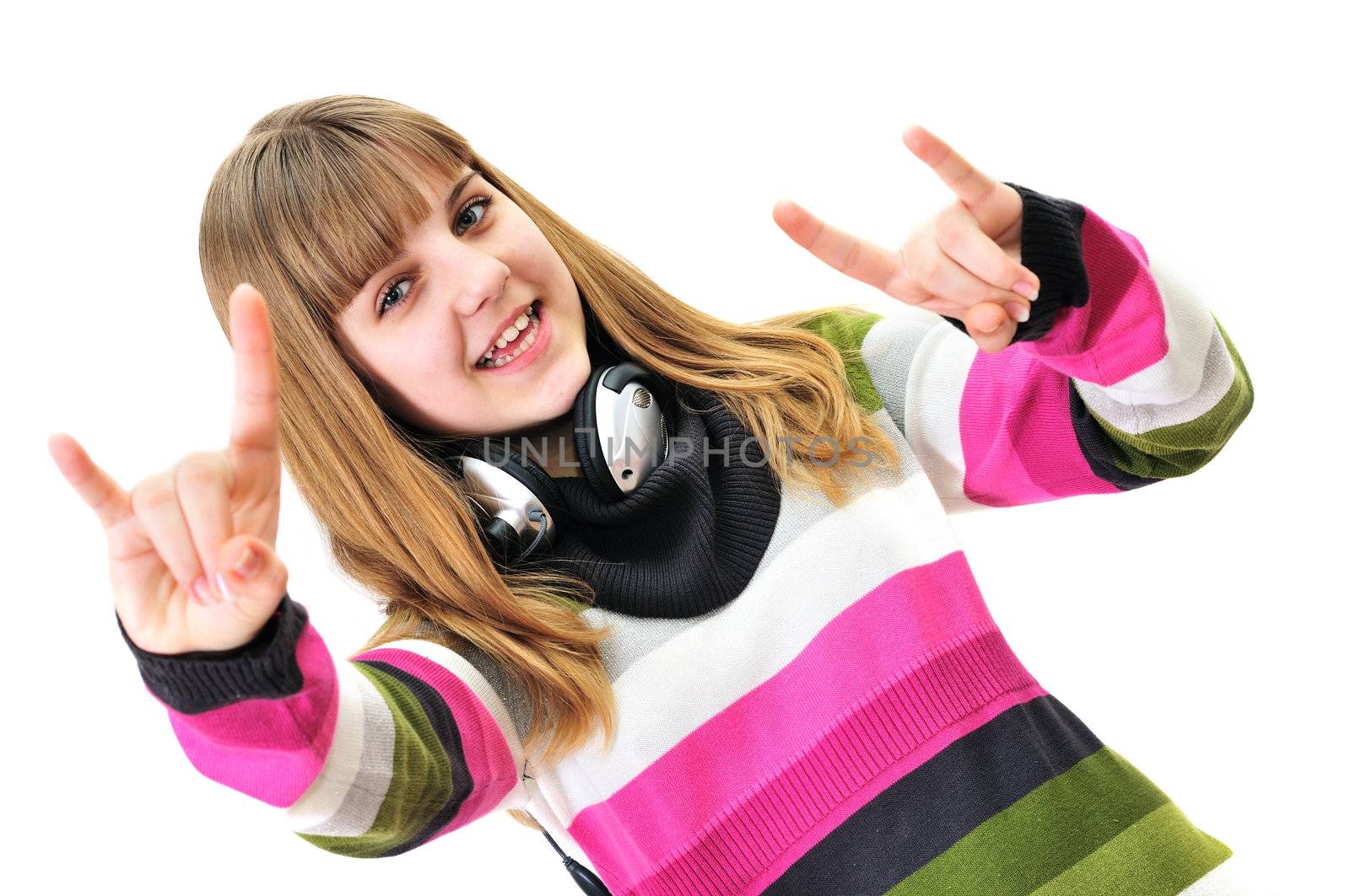 funny teen girl rock out over the white
