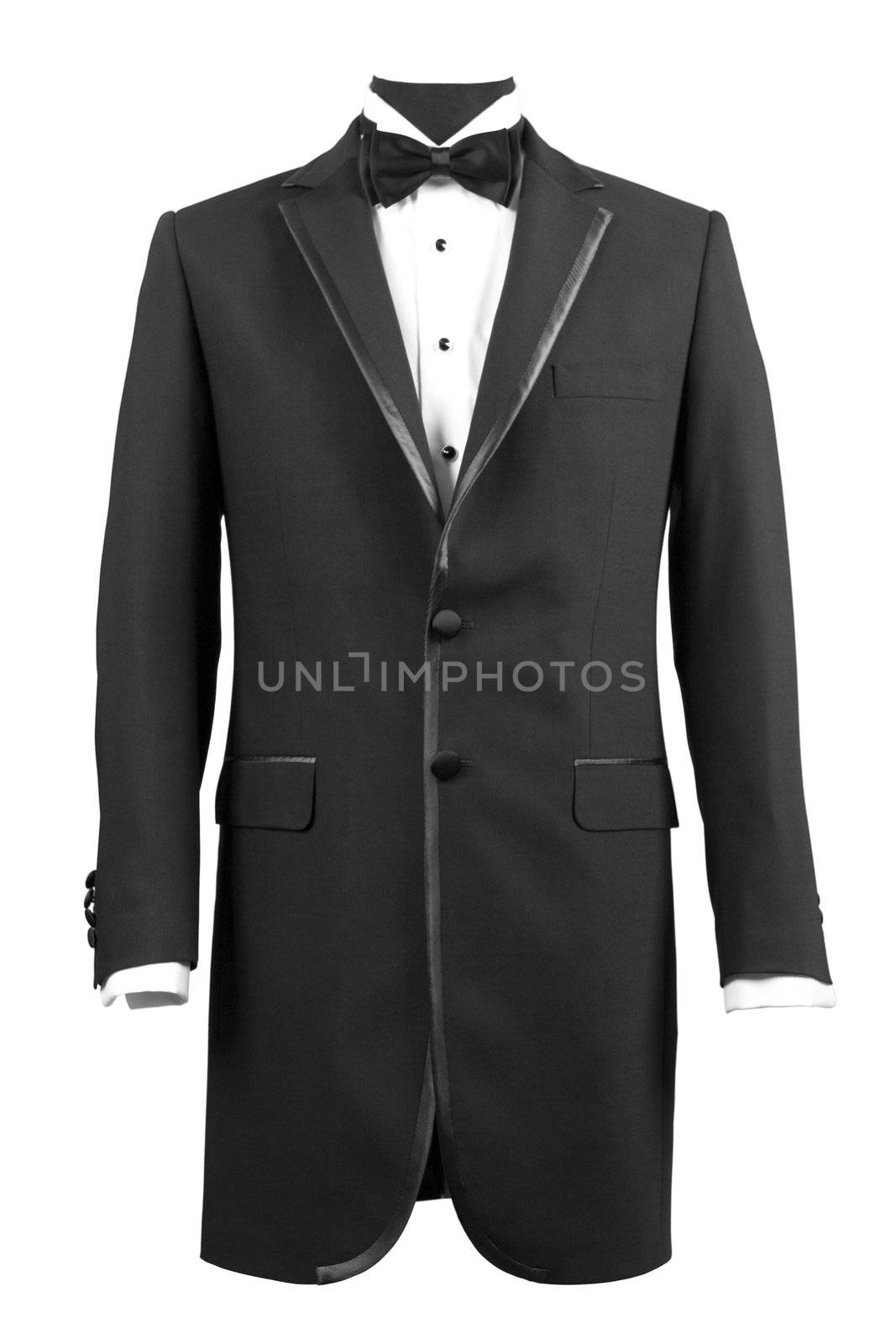 front view of black tuxedo and white shirt