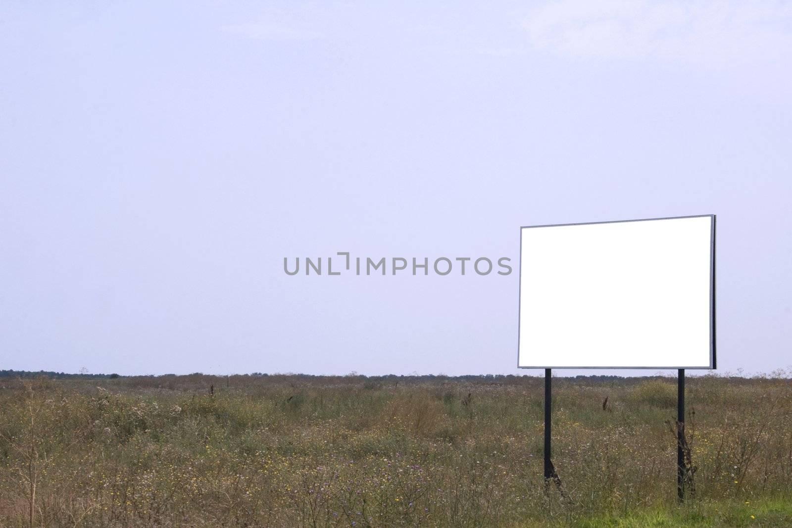 Empty field with white billboard on side of frame