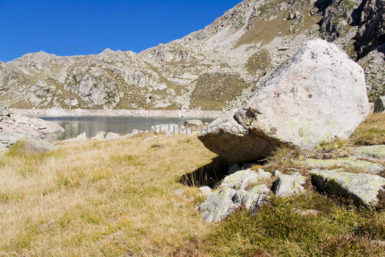 Big stone ind Aiguestortes National Park - Spain. Autumn day