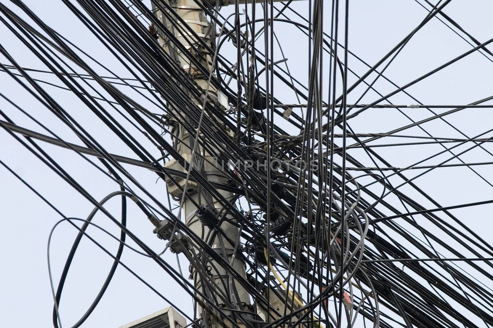 many internet cables on lamp post in bucharest romania