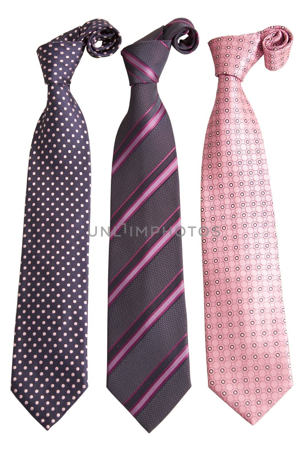 front view of three ties on white background