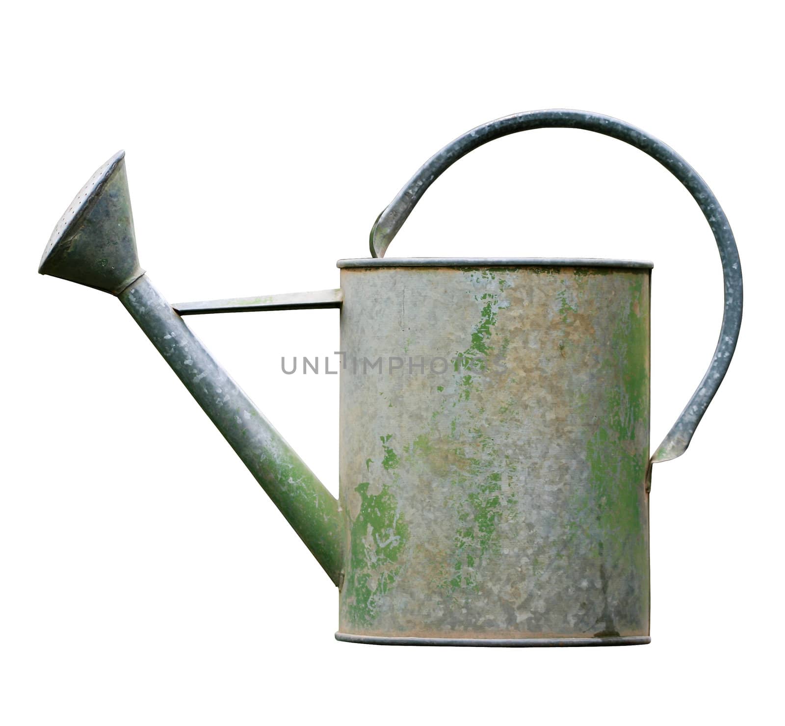 Aged metalic watering can isolated on white background. Clipping path included to replace background.