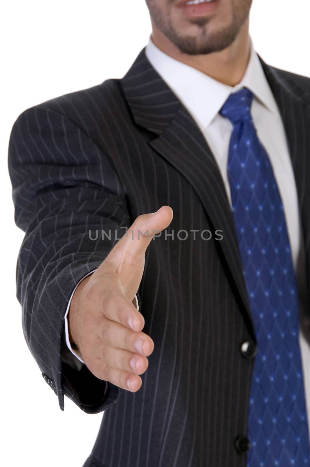 man offering hand shake on an isolated background