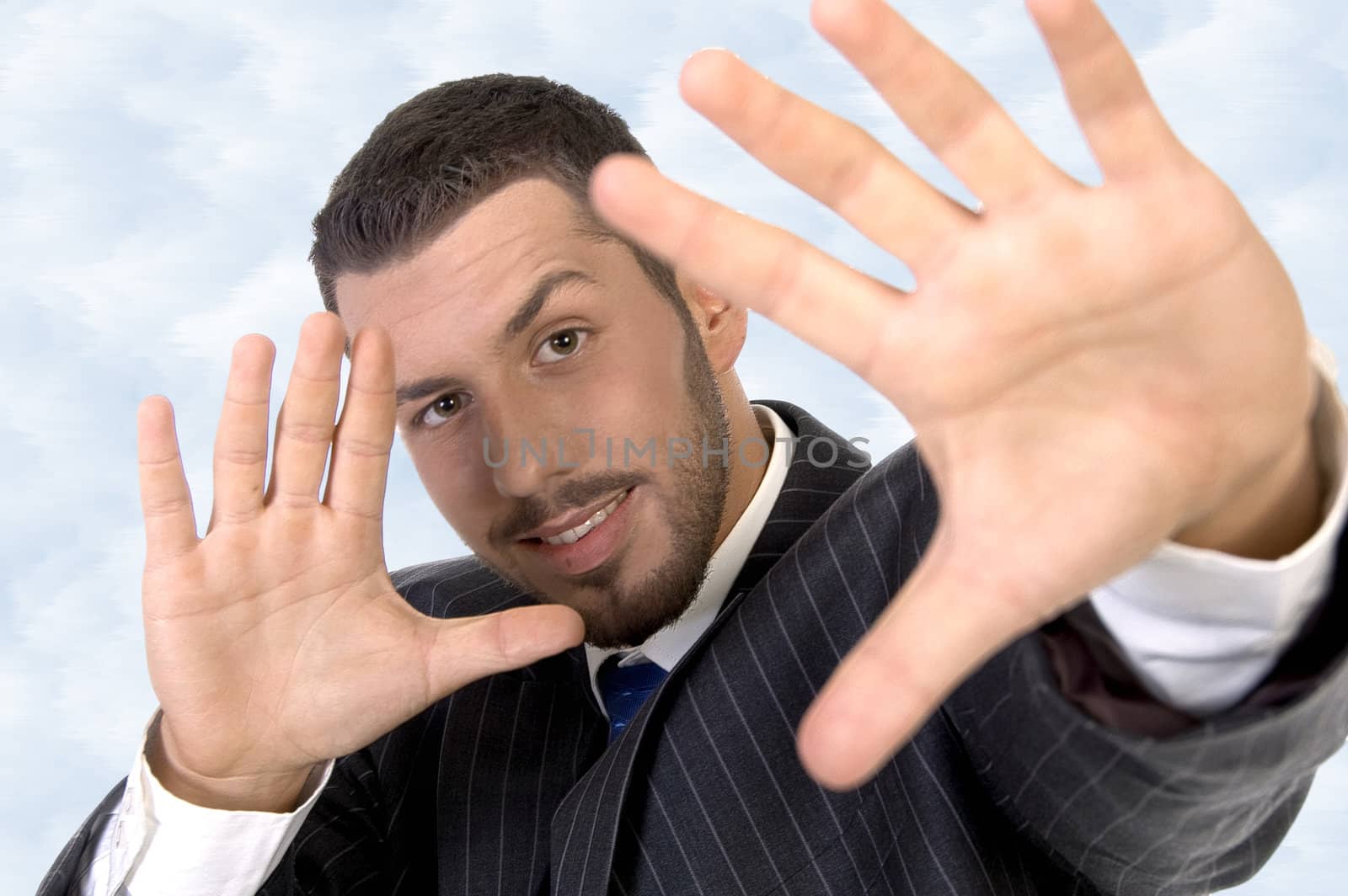 executive giving directing hand gesture against white background