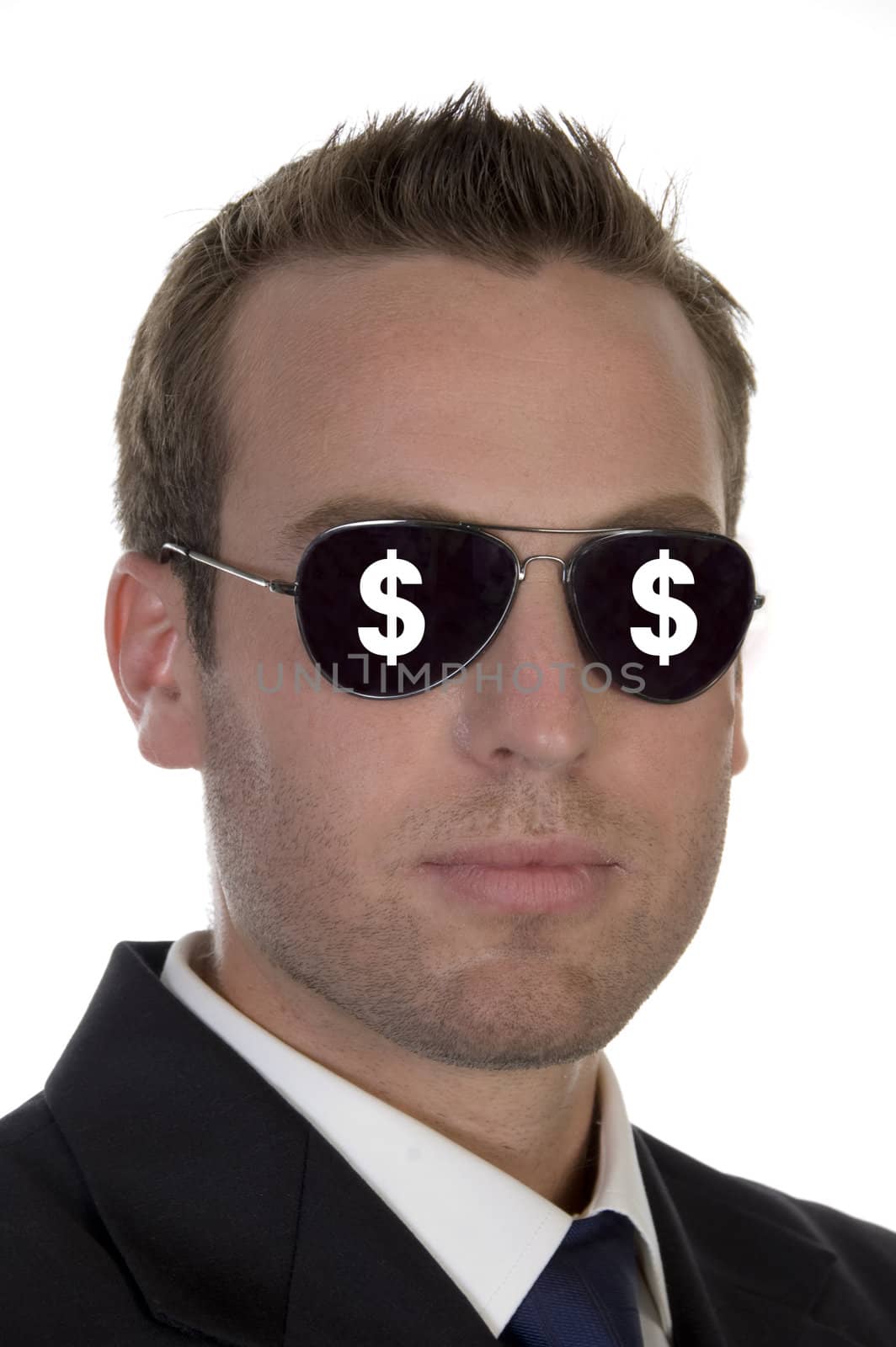 young american businessman with dollar signs on his sunglasses by imagerymajestic