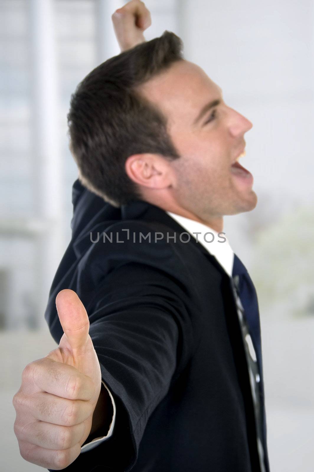close up of happy businessman with abstract background