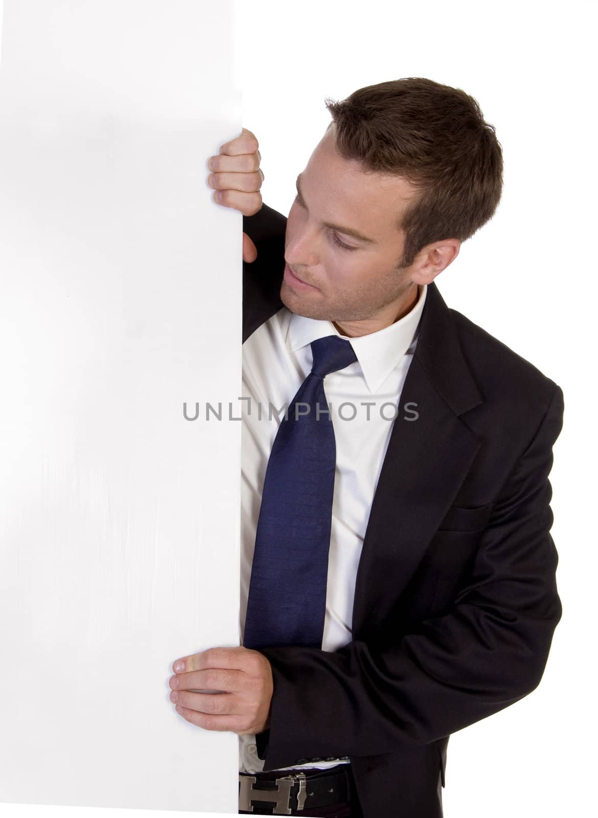 businessman standing with white board on an isolated white background