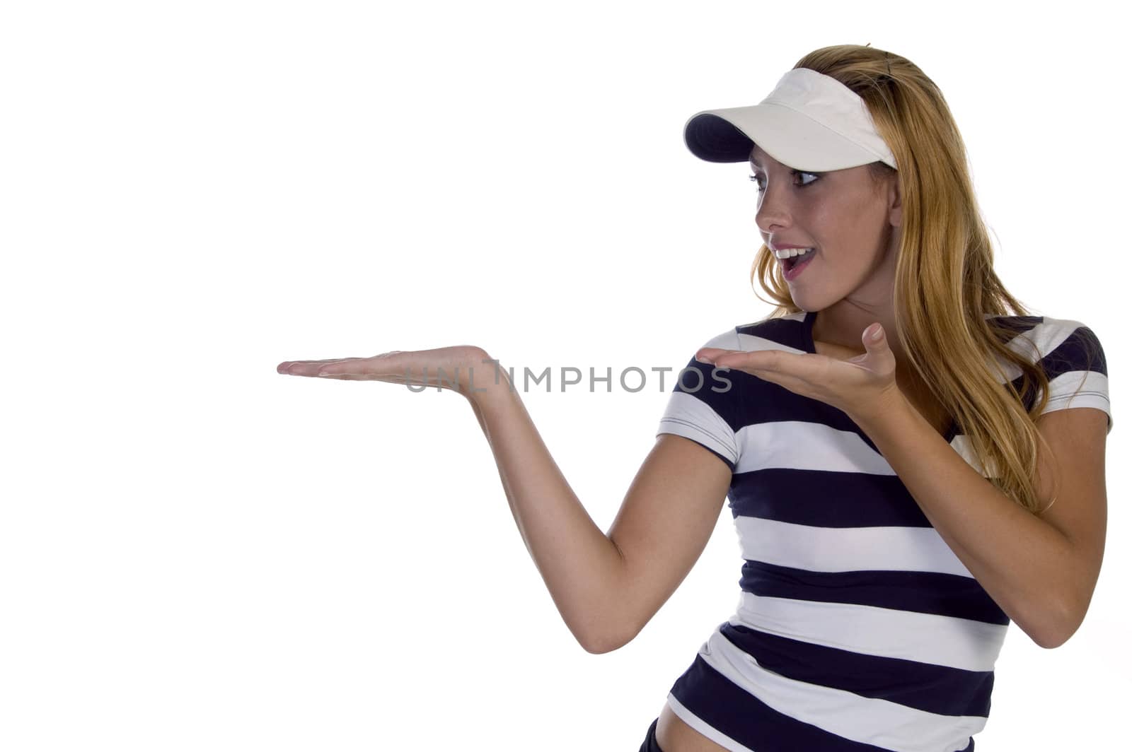 blonde lady with palms facing upwards on an isolated background