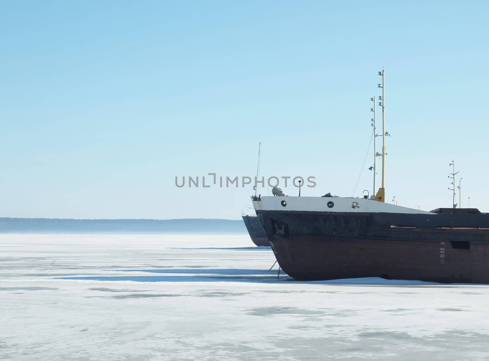 The ships on the frozen lake in the winter in Petrozavodsk, Russia   