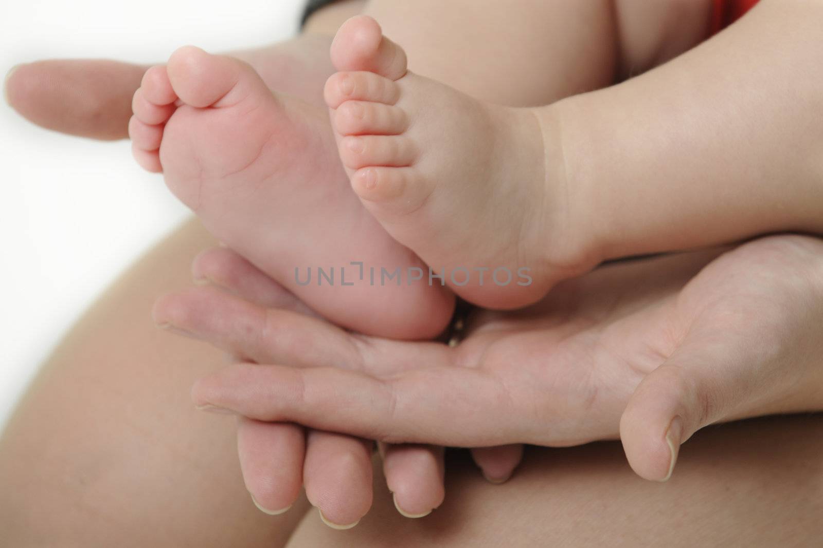 small baby feet on mothers open hands on her lap