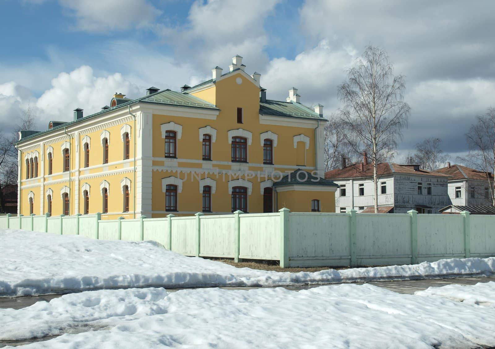 Yellow building on quay of Petrozavodsk, Russia     