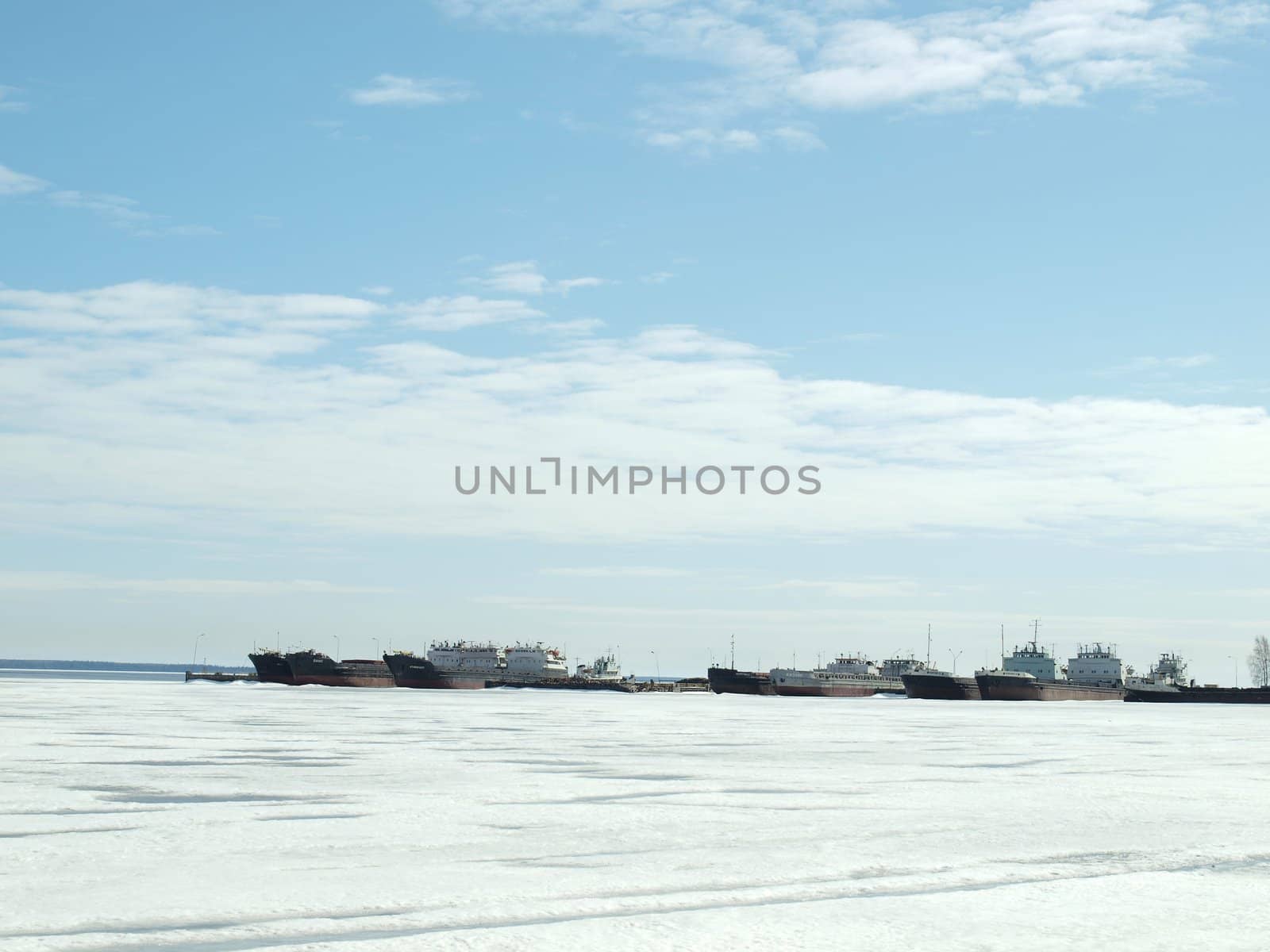 The ships in port of Petrozavodsk in the winter, Russia