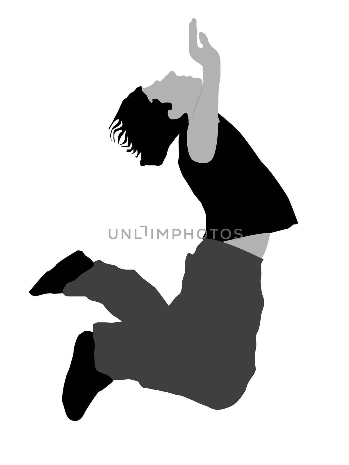 person jumping with arms up on white background