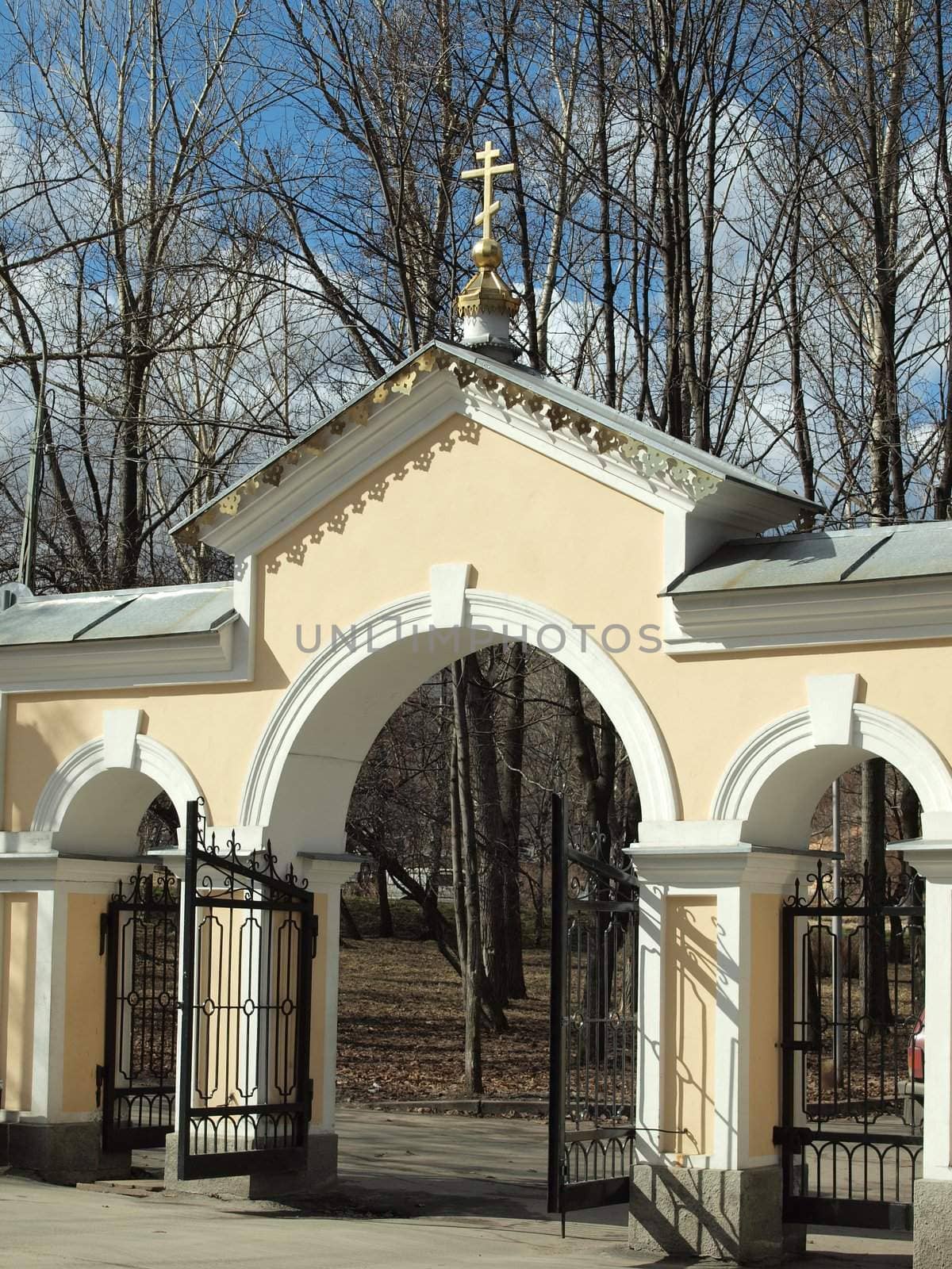 Fragment of a church gate in park of Petrozavodsk, Russia   
