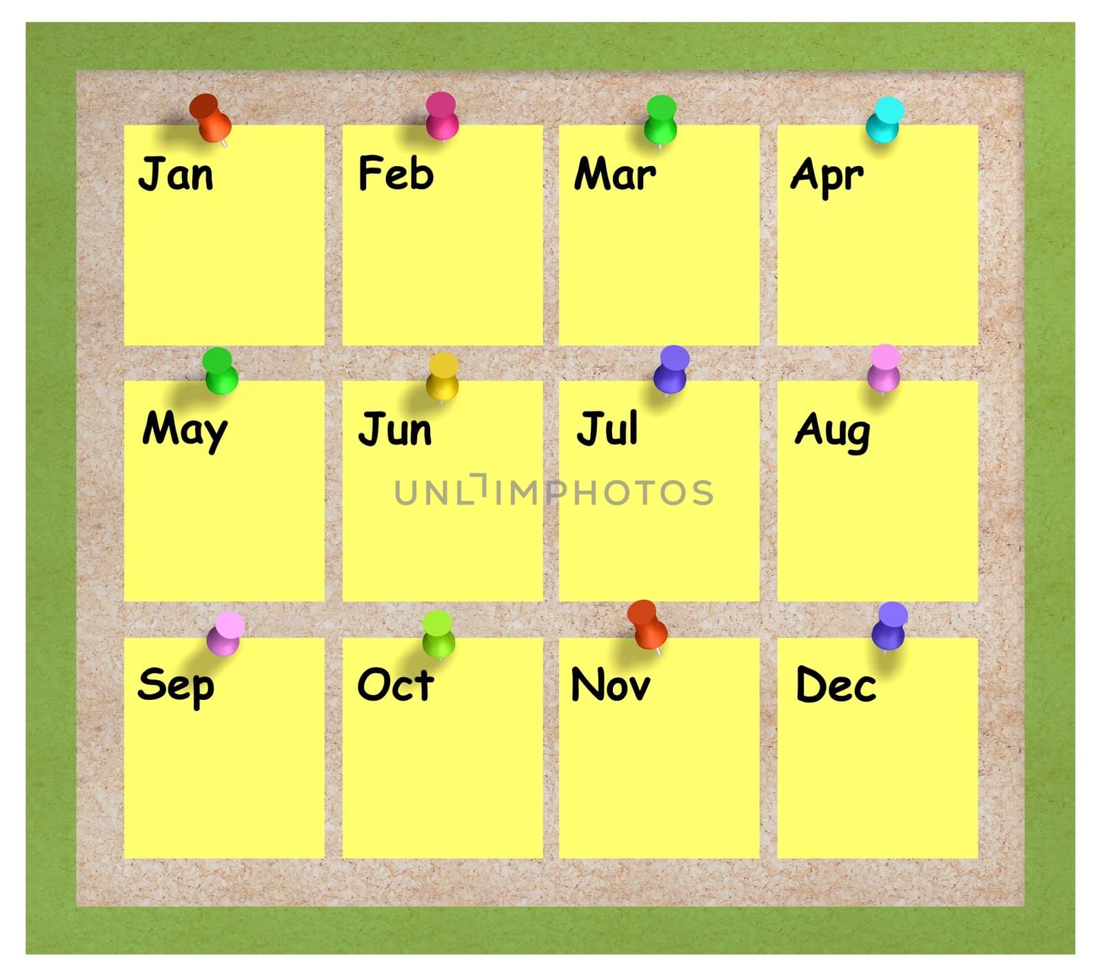  Illustration of a cork notice board with paper attached displaying the months of the year
