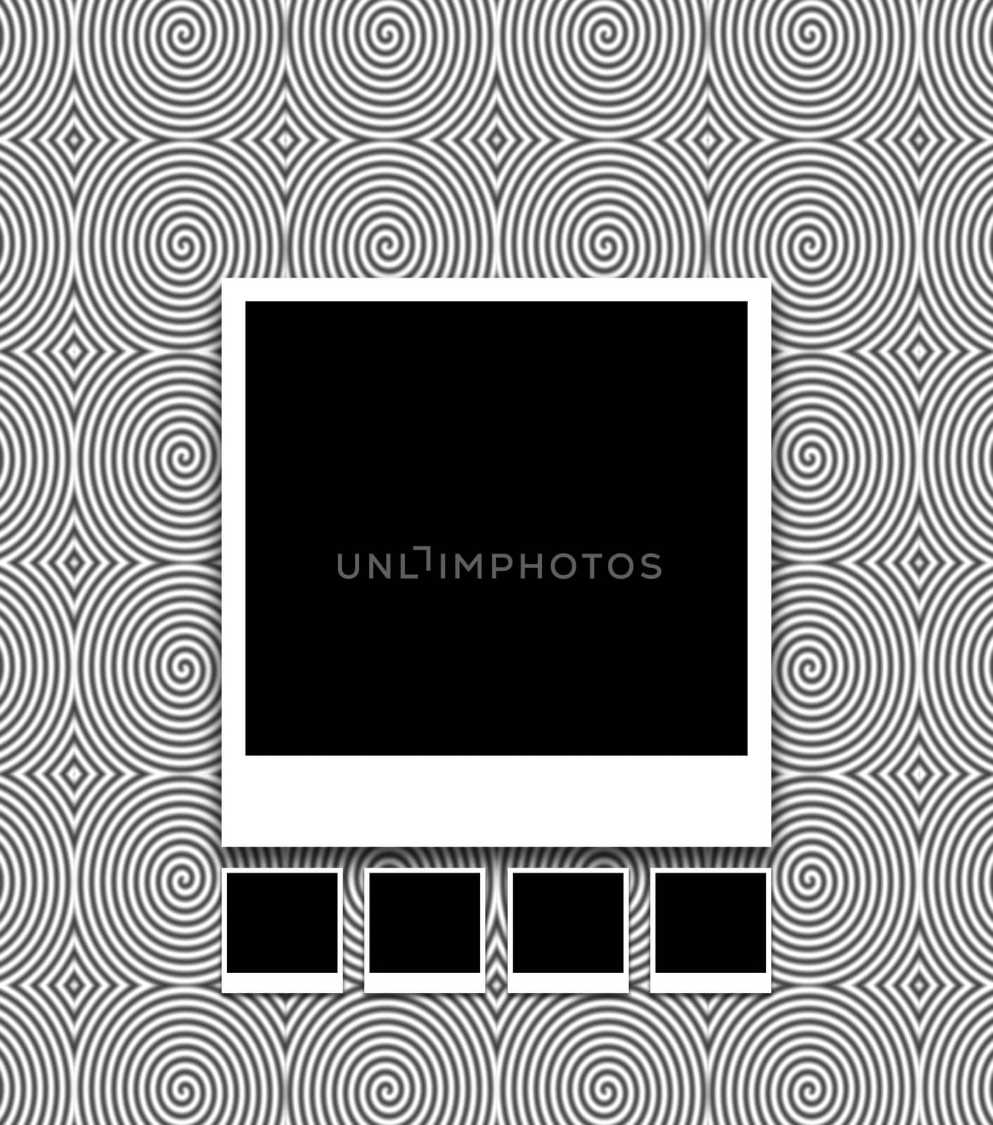 Illustrated big photo and smaller photos over a black ad white swirly background