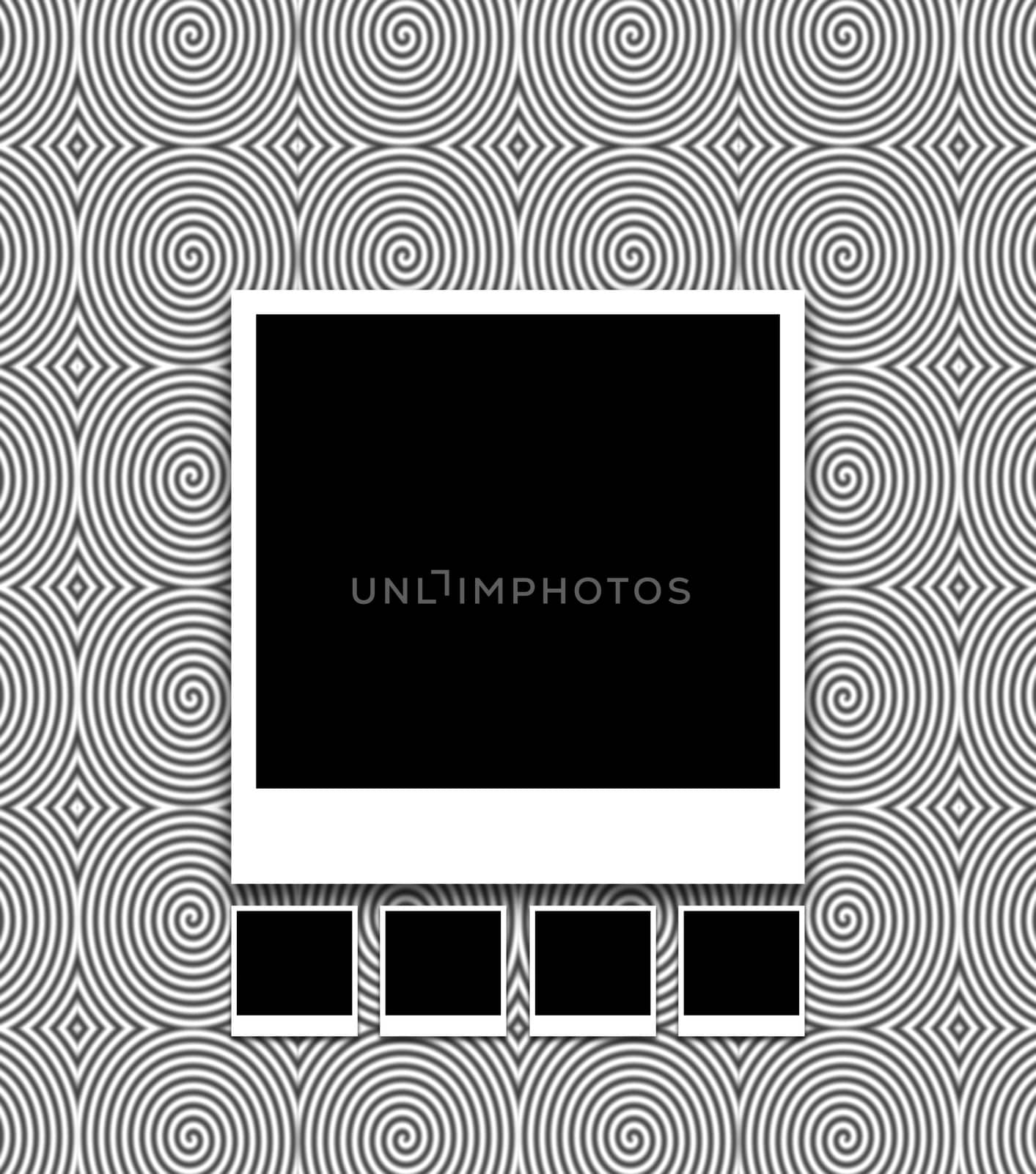 Illustrated big photo and smaller photos over a black ad white swirly background