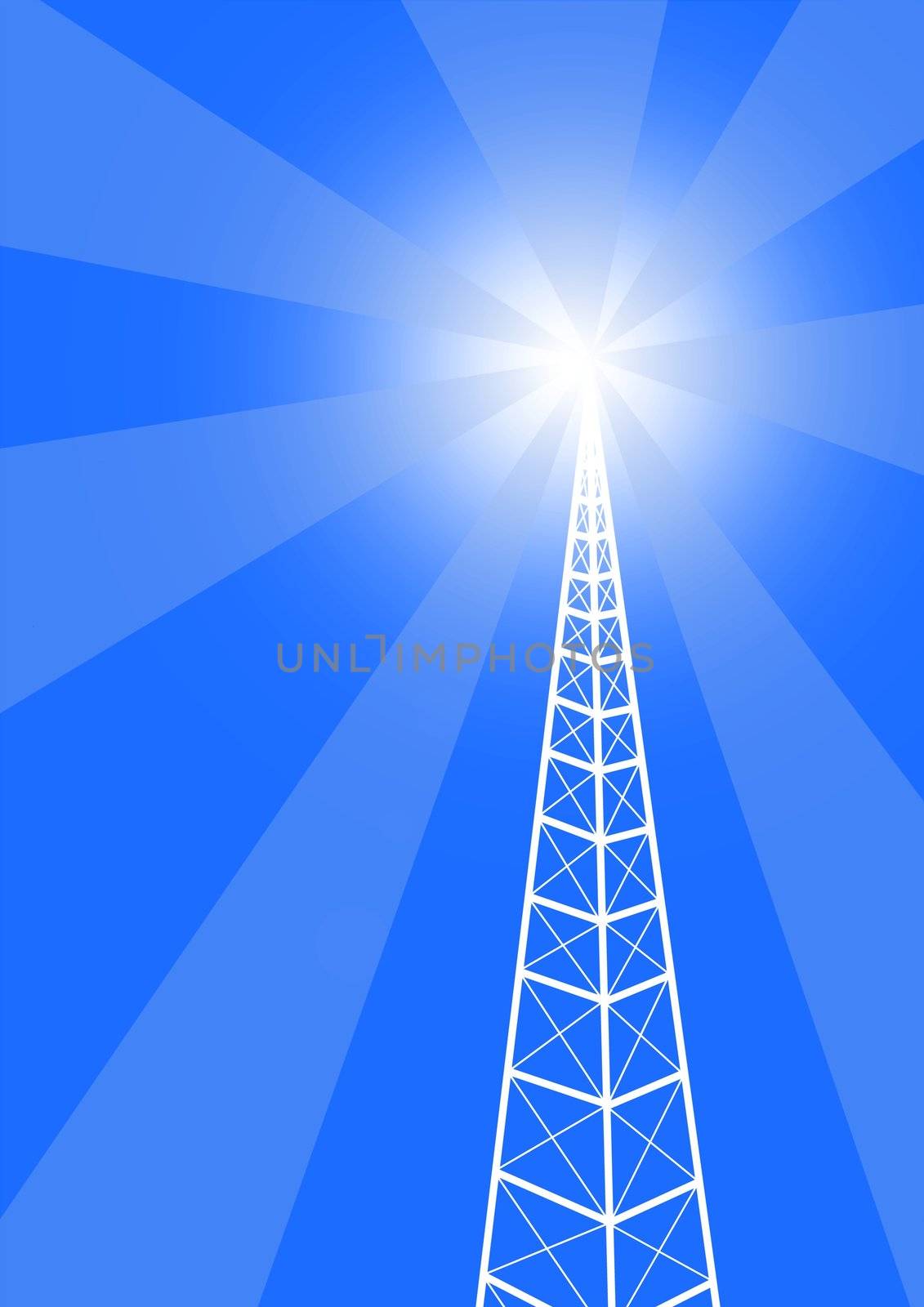 Illustration of a communication tower with bright light coming from the top