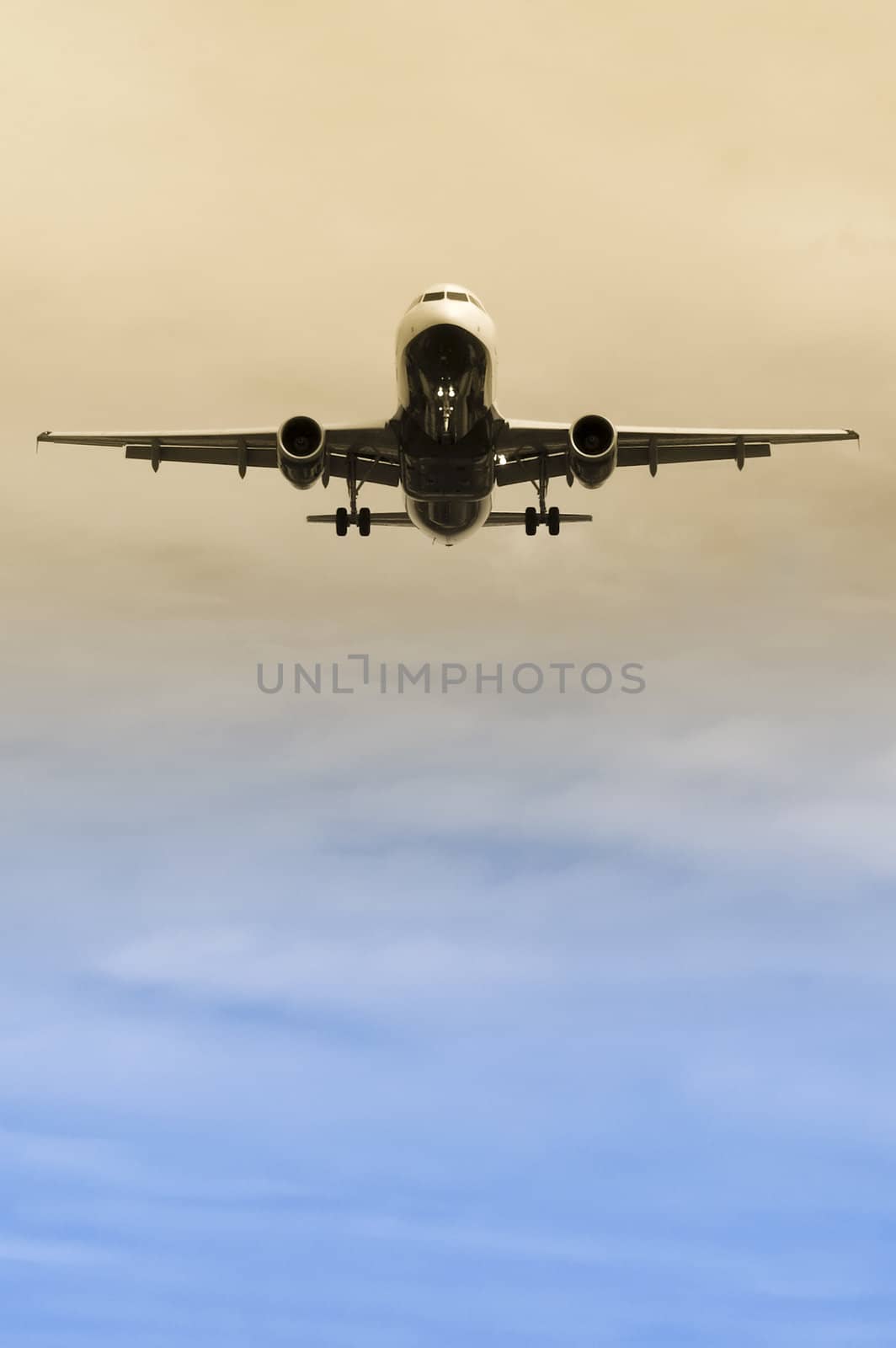 passenger jet on landing approach with gradient coloring