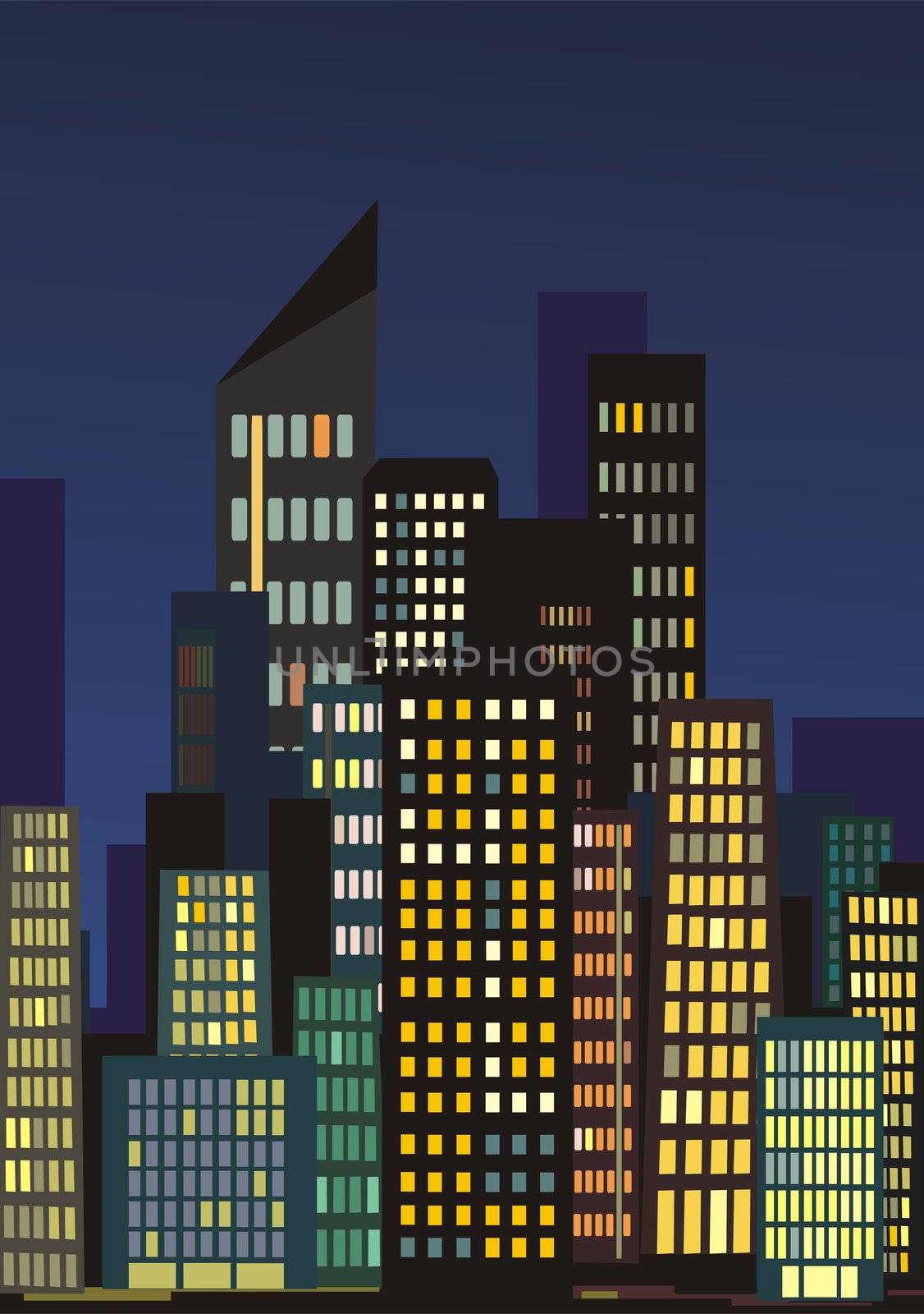 illustration of city skyline at night with lights