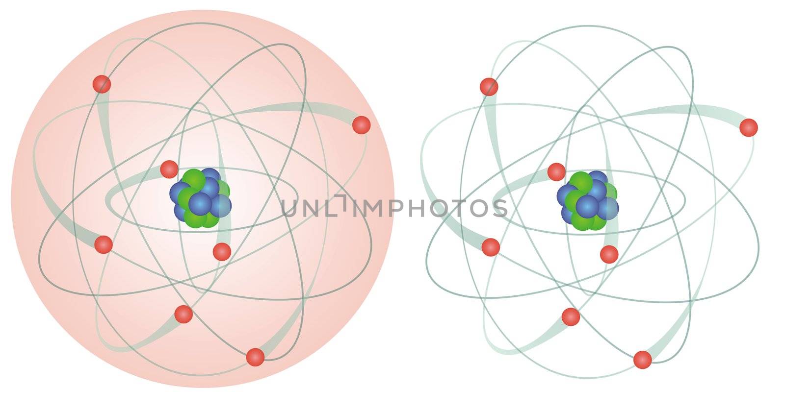 Model of an atom with electrons, neutrons and protons, illustration