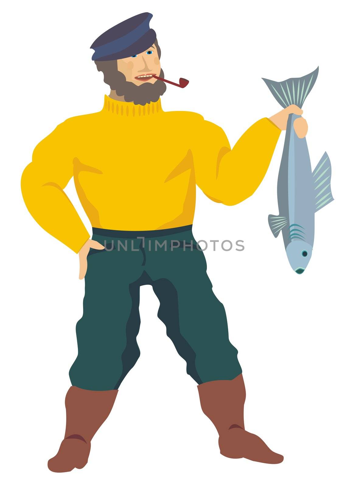 Fisherman presenting a good-sized fish of his last catch, illustration