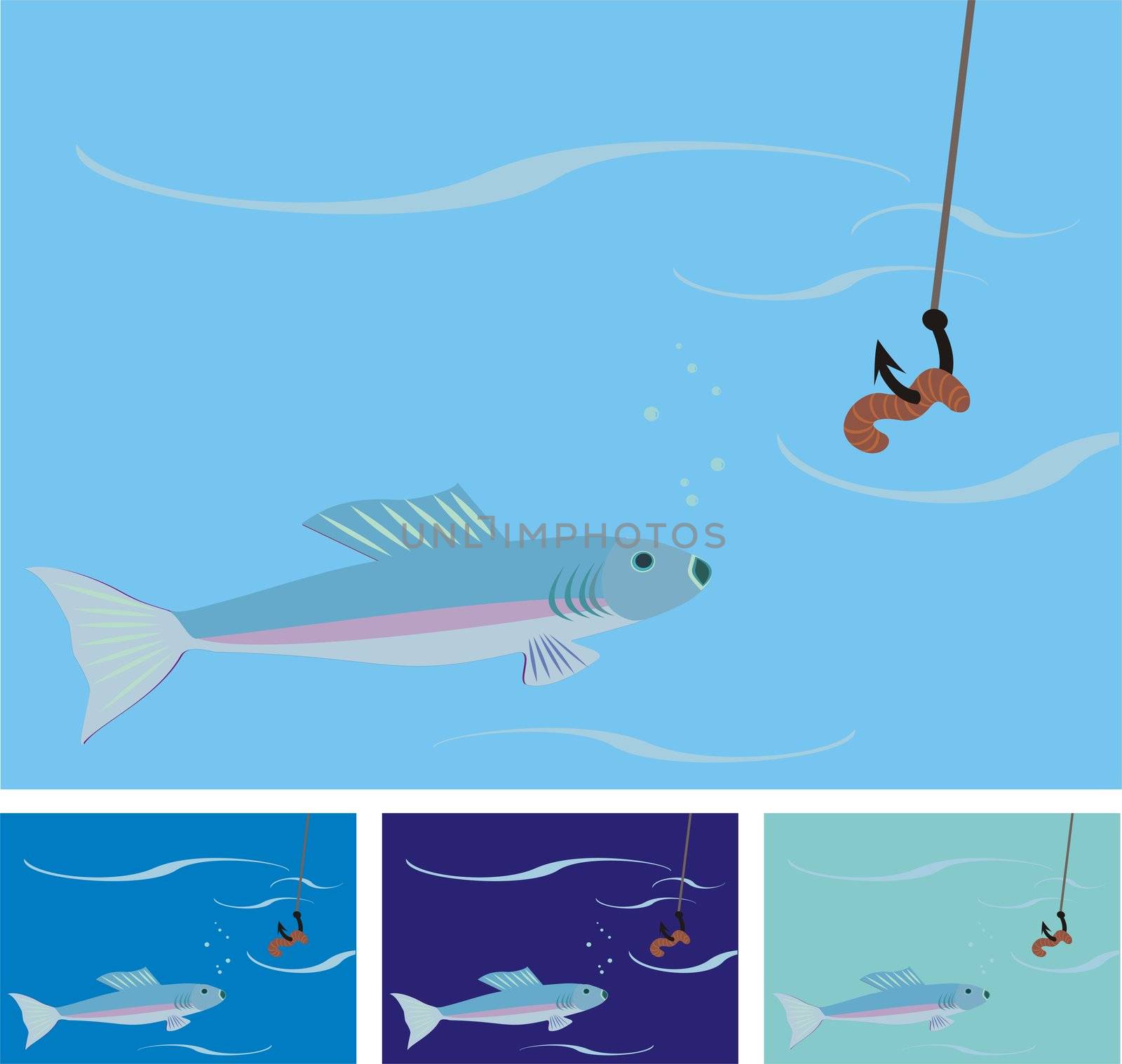 fishing illustration: fish is about to eat the worm on the hook