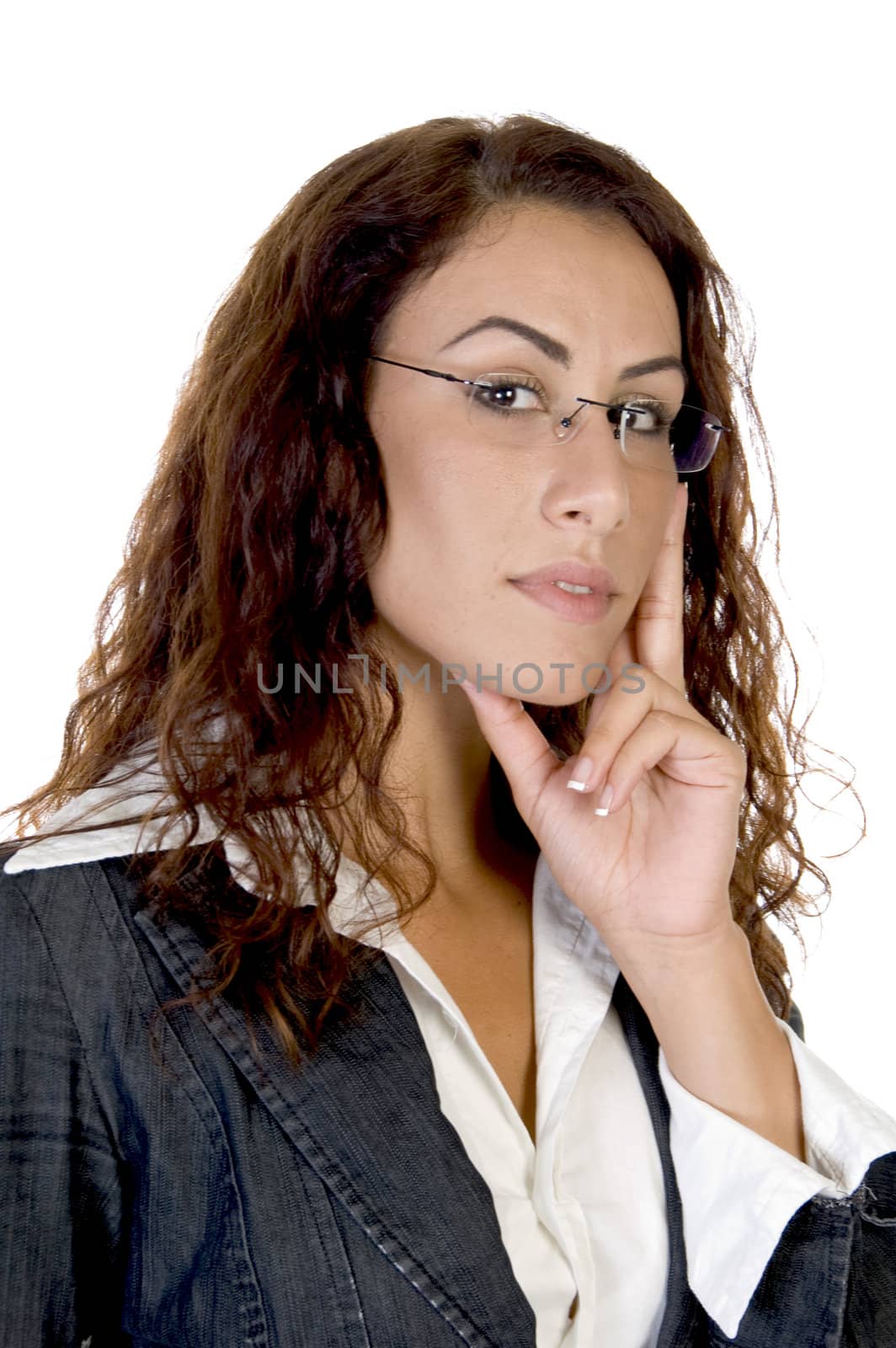 female in thinking pose on an isolated background