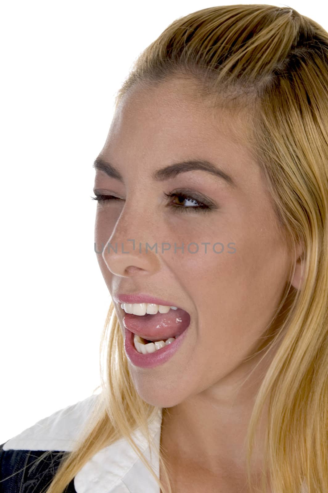 female licking her lips with winked eyes on an isolated white background